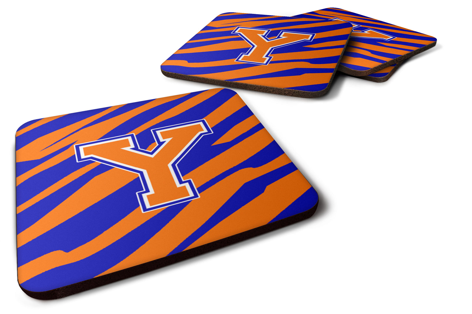 Set of 4 Monogram - Tiger Stripe - Blue Orange Foam Coasters Initial Letter Y - the-store.com