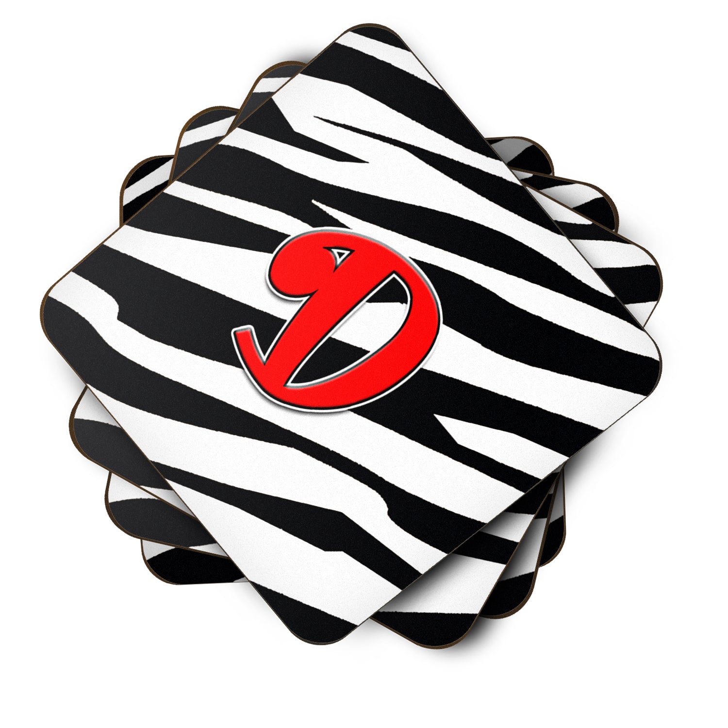 Set of 4 Monogram - Zebra Red Foam Coasters Initial Letter D - the-store.com