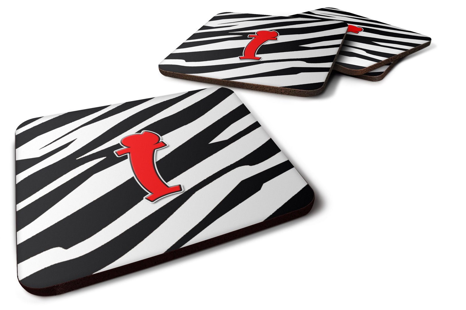 Set of 4 Monogram - Zebra Red Foam Coasters Initial Letter I - the-store.com