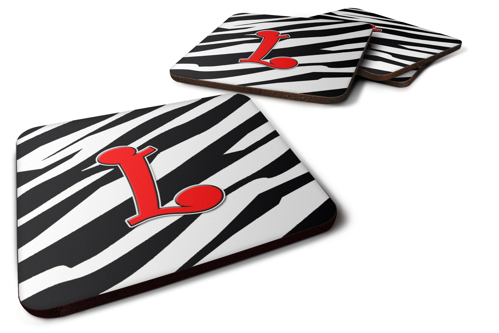 Set of 4 Monogram - Zebra Red Foam Coasters Initial Letter L - the-store.com