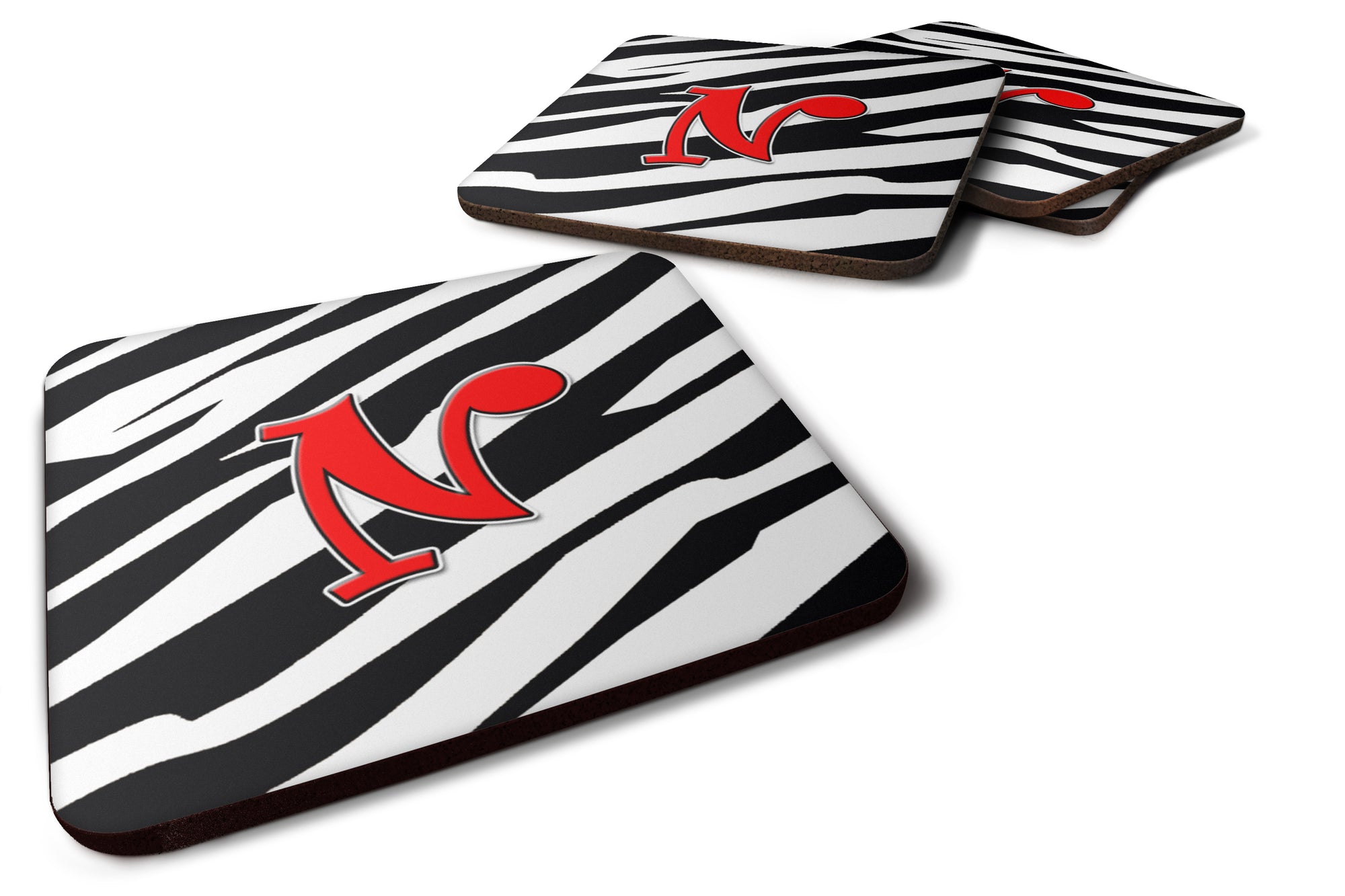 Set of 4 Monogram - Zebra Red Foam Coasters Initial Letter N - the-store.com