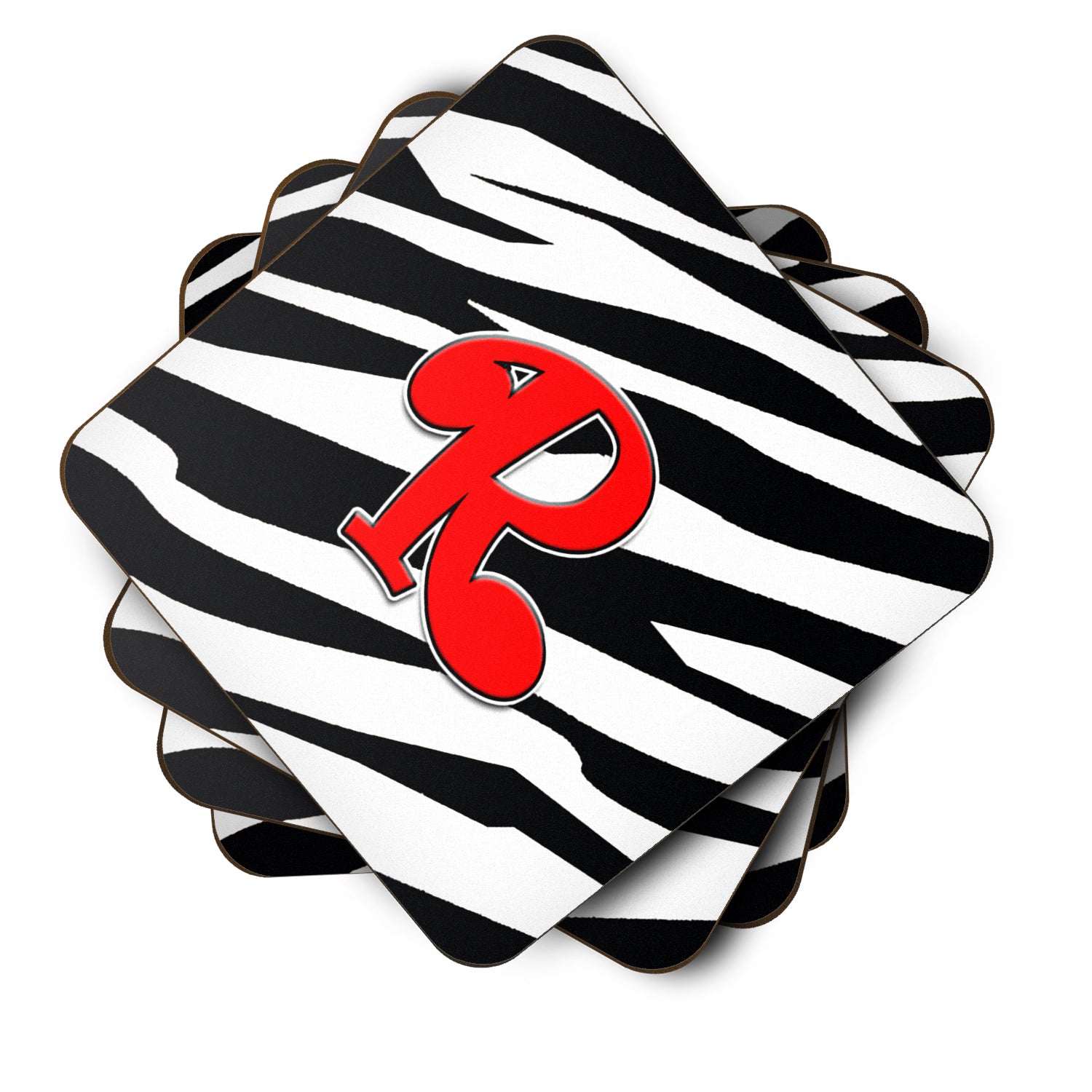 Set of 4 Monogram - Zebra Red Foam Coasters Initial Letter R - the-store.com