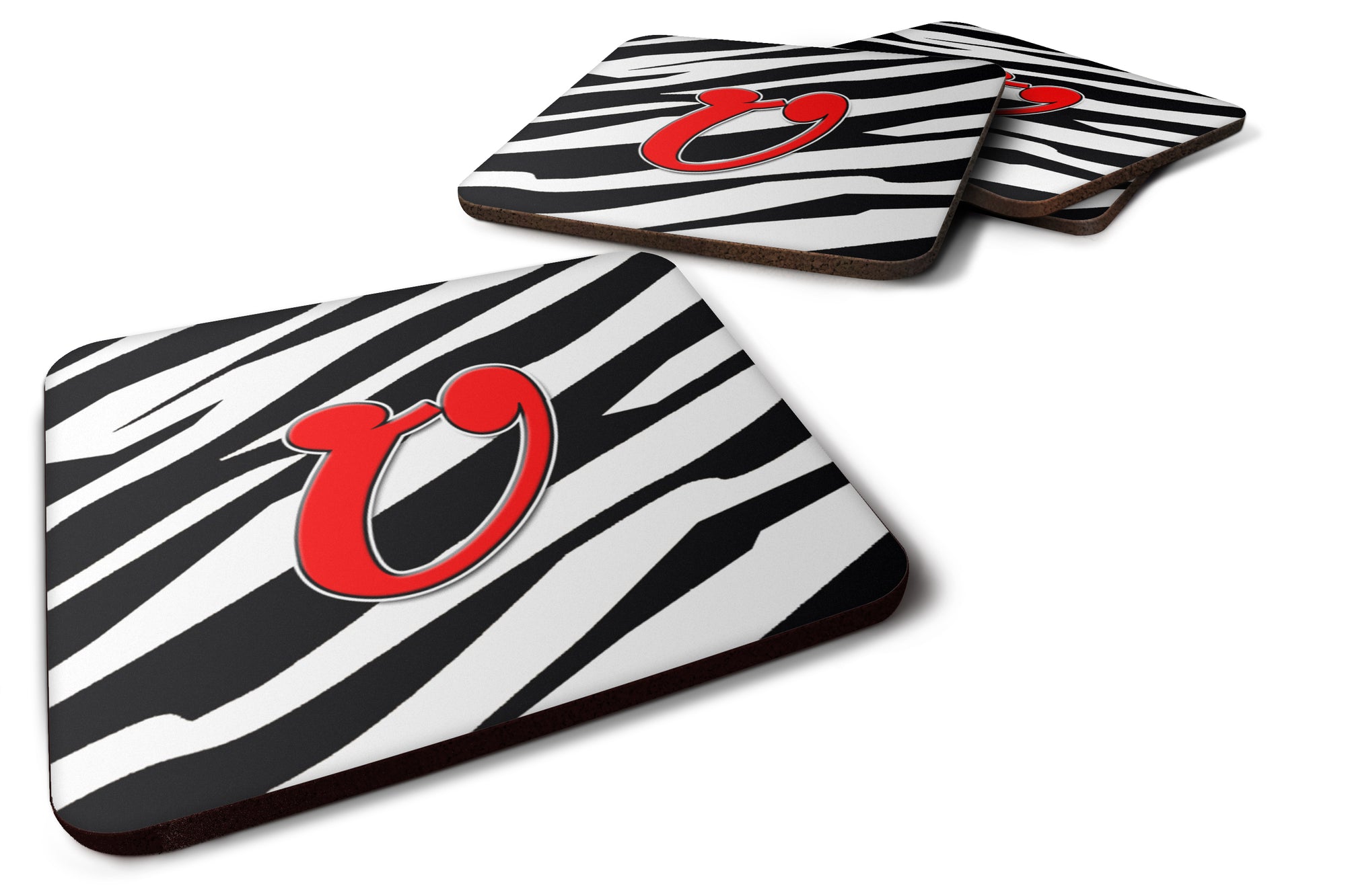 Set of 4 Monogram - Zebra Red Foam Coasters Initial Letter U - the-store.com