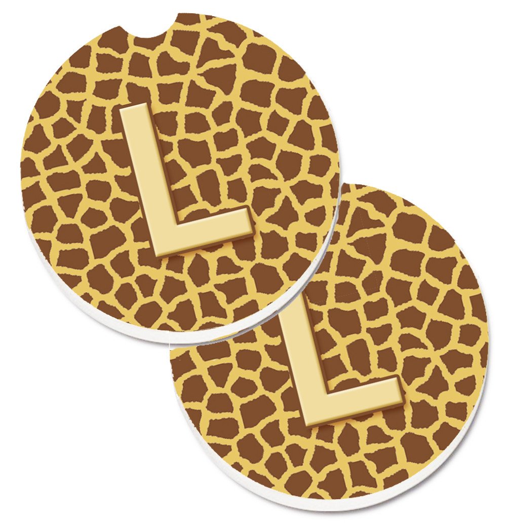 Monogram Initial L Giraffe  Set of 2 Cup Holder Car Coasters CJ1025-LCARC by Caroline&#39;s Treasures