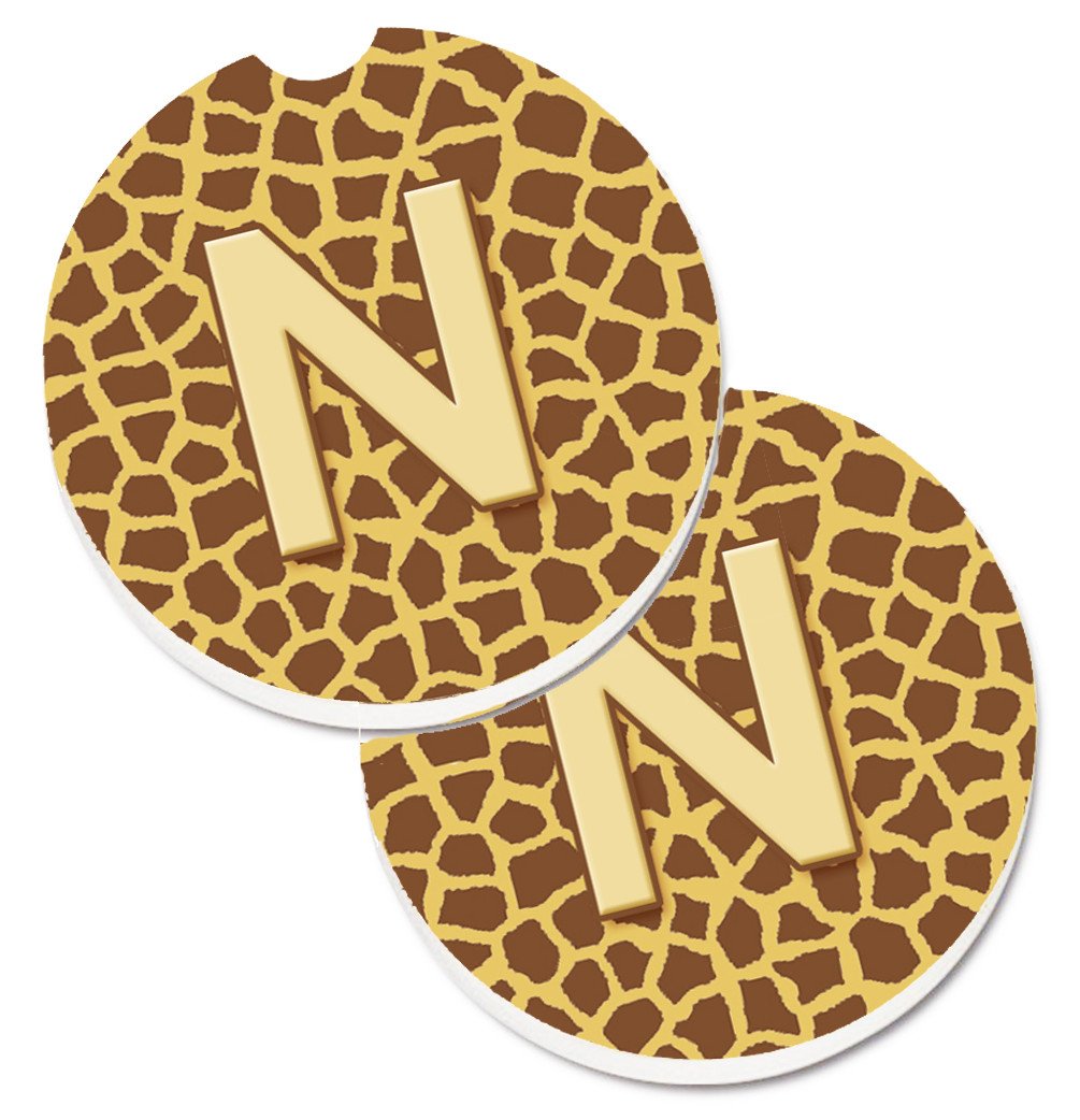 Monogram Initial N Giraffe  Set of 2 Cup Holder Car Coasters CJ1025-NCARC by Caroline&#39;s Treasures