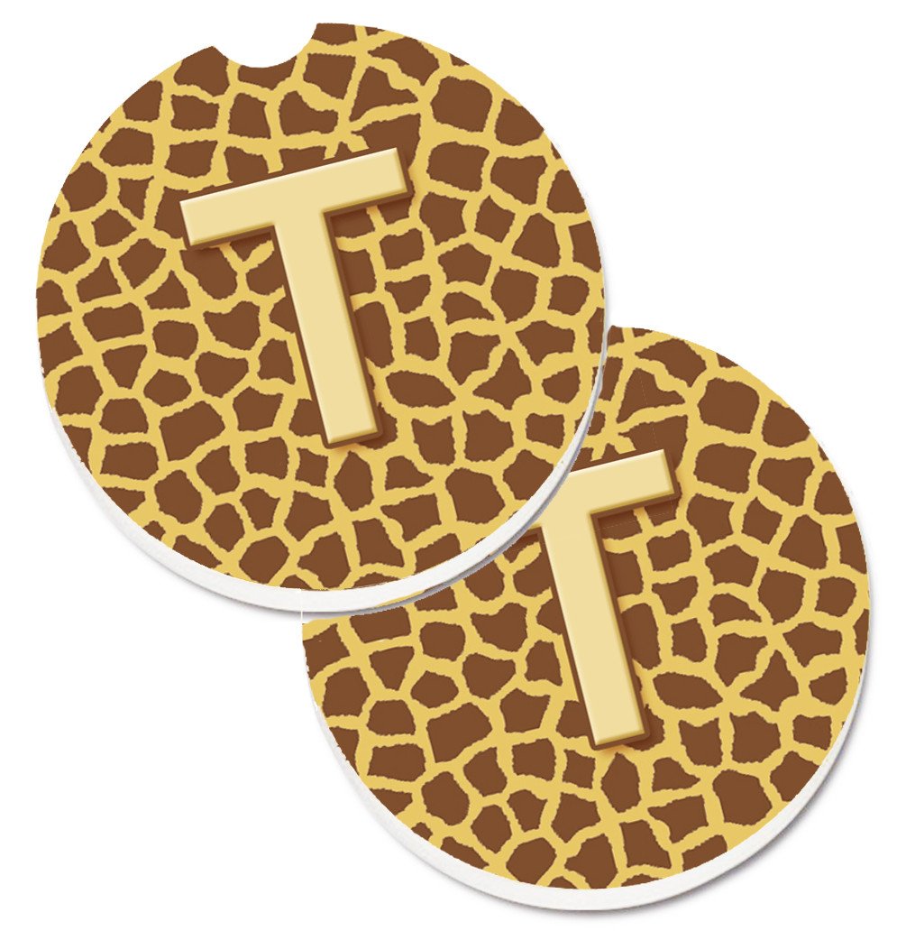 Monogram Initial T Giraffe  Set of 2 Cup Holder Car Coasters CJ1025-TCARC by Caroline&#39;s Treasures