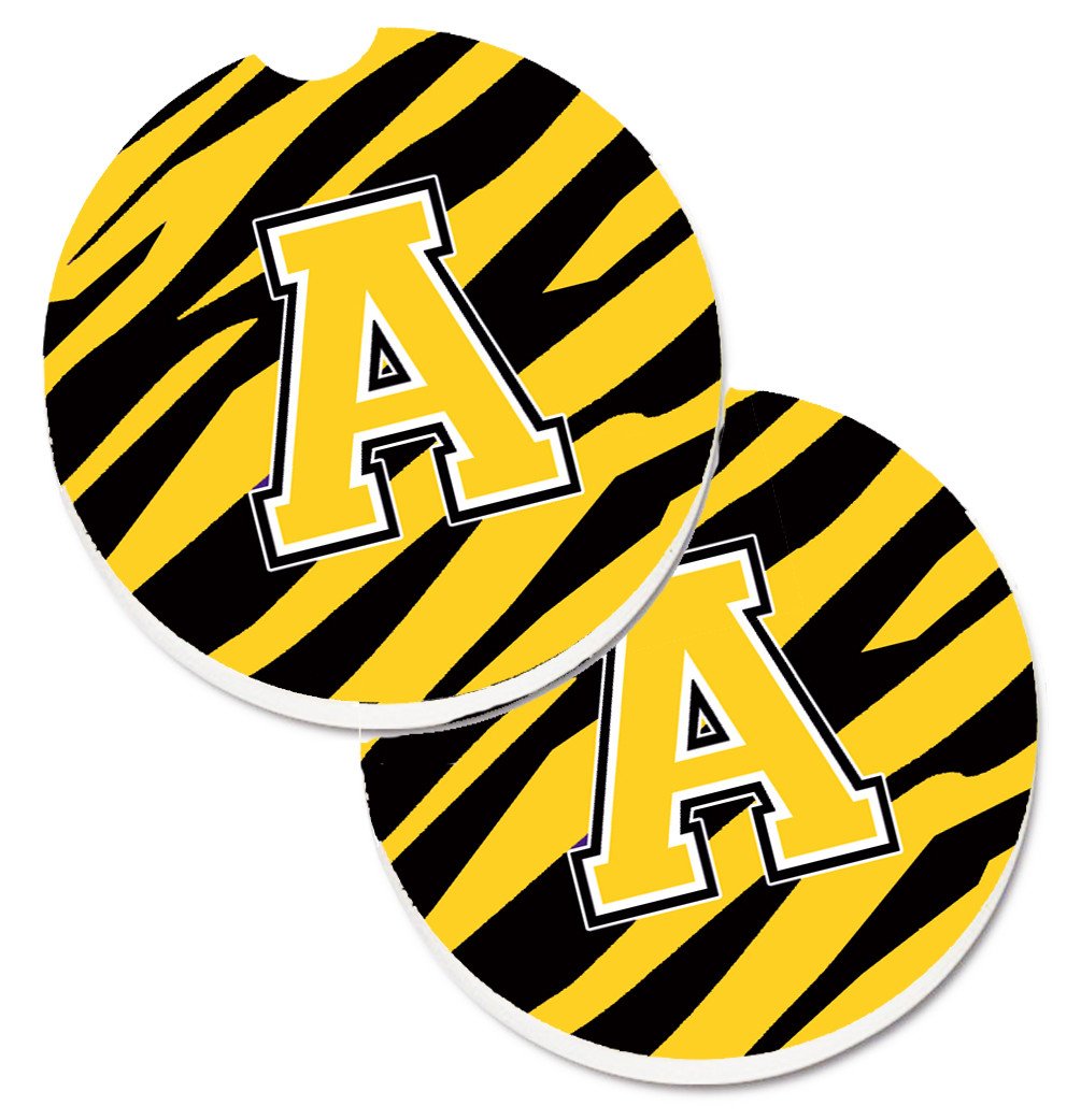 Letter A Monogram - Black Gold Tiger Stripe Set of 2 Cup Holder Car Coasters CJ1026-ACARC by Caroline&#39;s Treasures