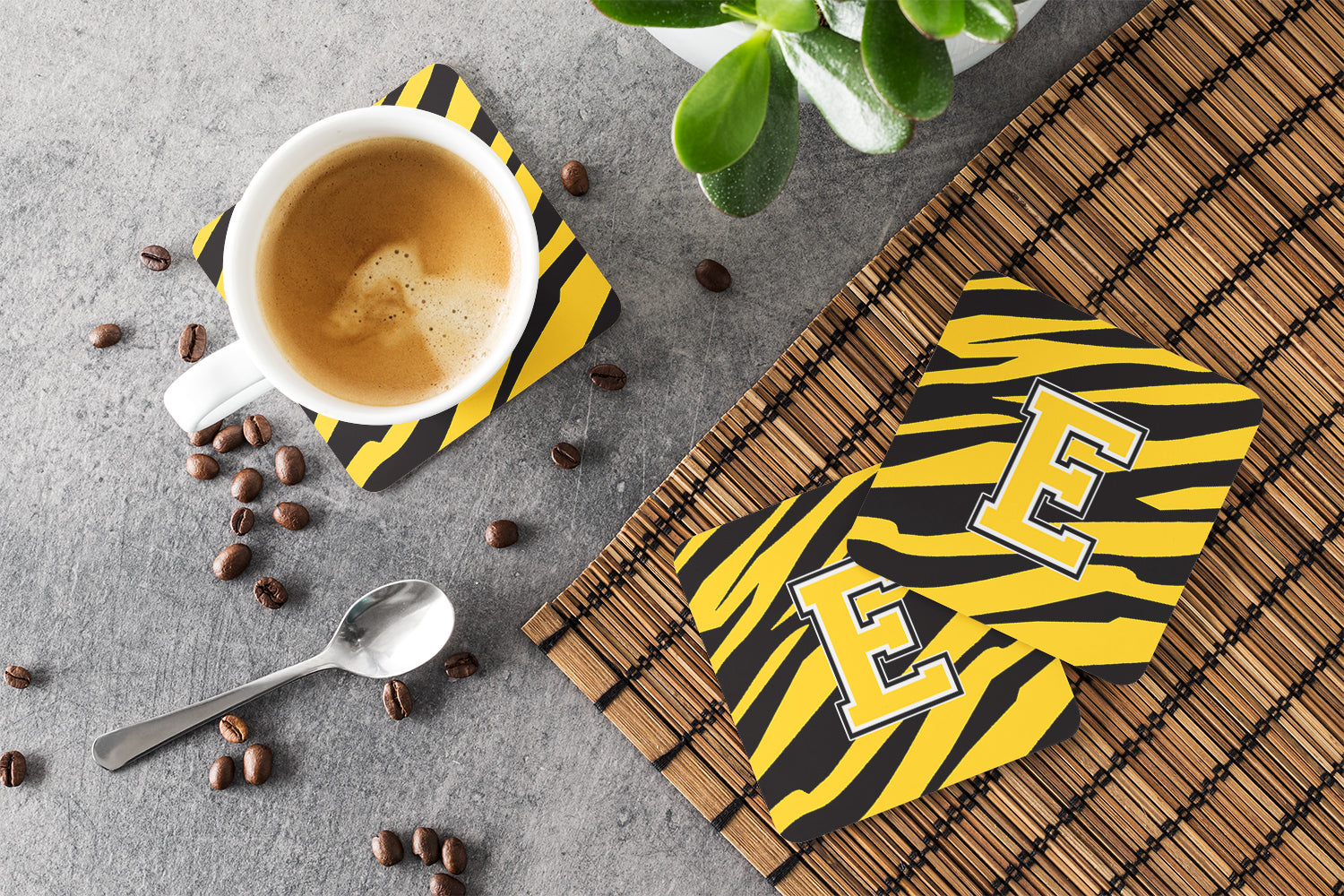 Set of 4 Monogram - Tiger Stripe - Black Gold Foam Coasters Initial Letter E - the-store.com