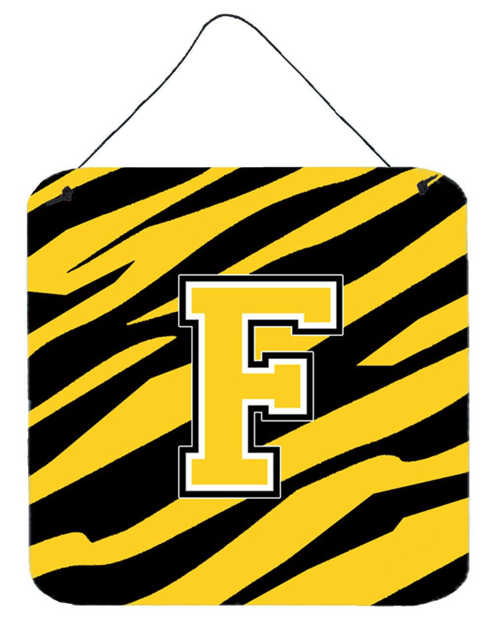 Letter F Initial Tiger Stripe - Black Gold  Wall or Door Hanging Prints by Caroline&#39;s Treasures
