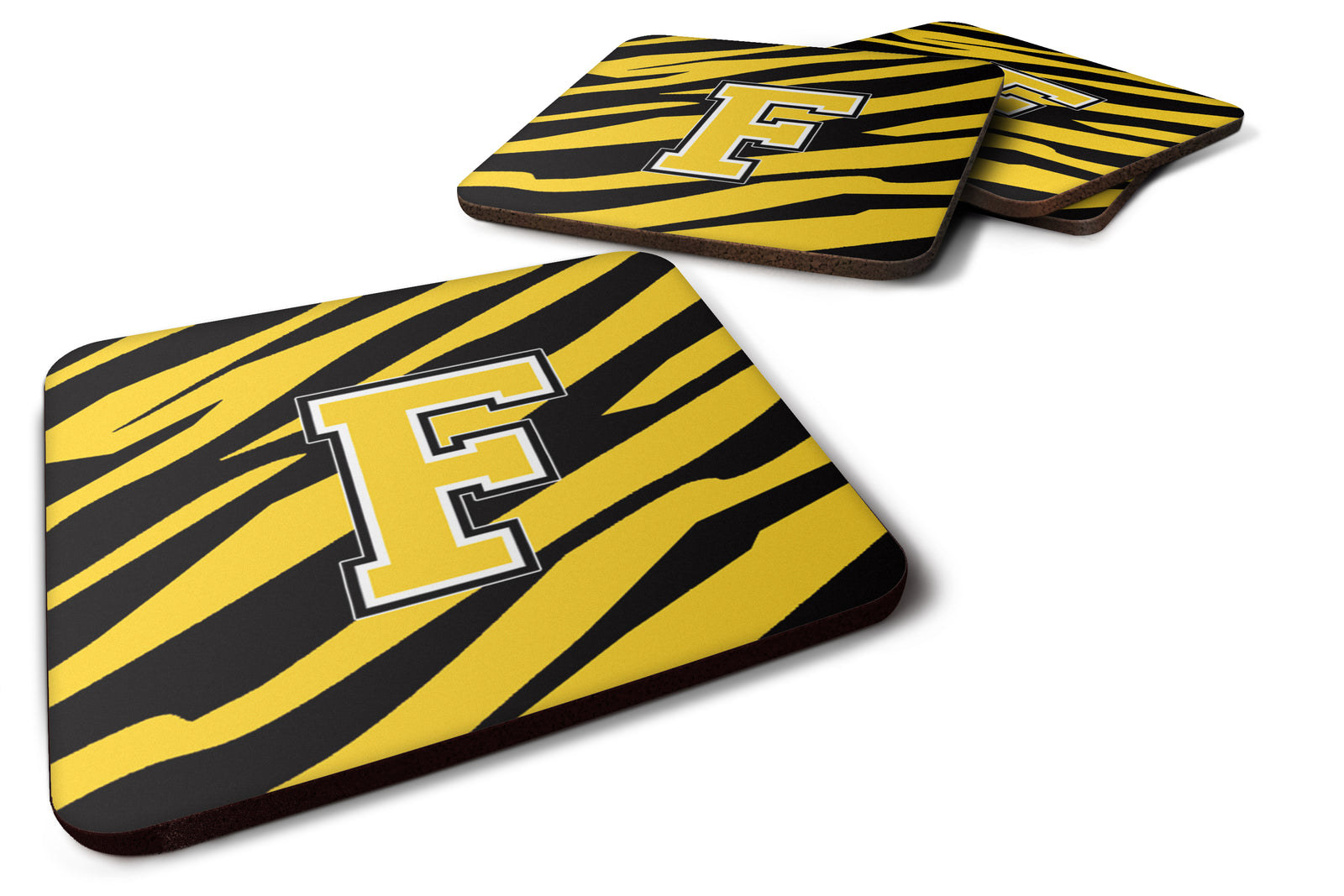 Set of 4 Monogram - Tiger Stripe - Black Gold Foam Coasters Initial Letter F - the-store.com