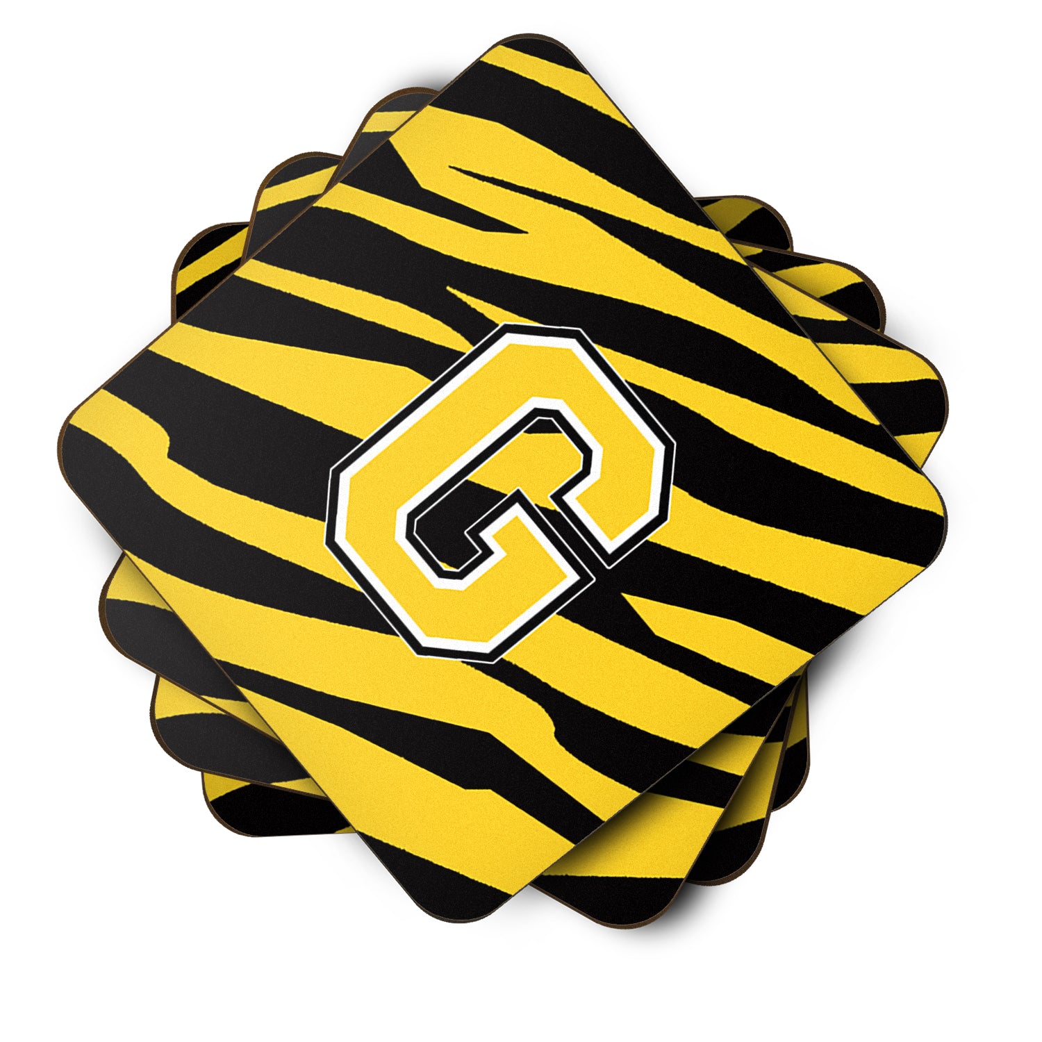 Set of 4 Monogram - Tiger Stripe - Black Gold Foam Coasters Initial Letter G - the-store.com