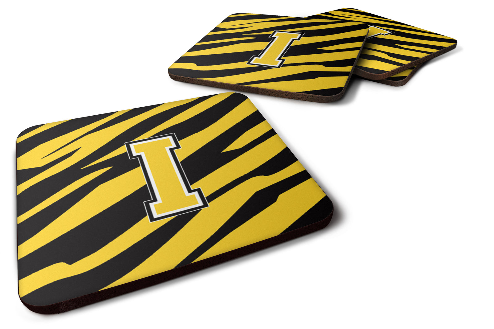 Set of 4 Monogram - Tiger Stripe - Black Gold Foam Coasters Initial Letter I - the-store.com