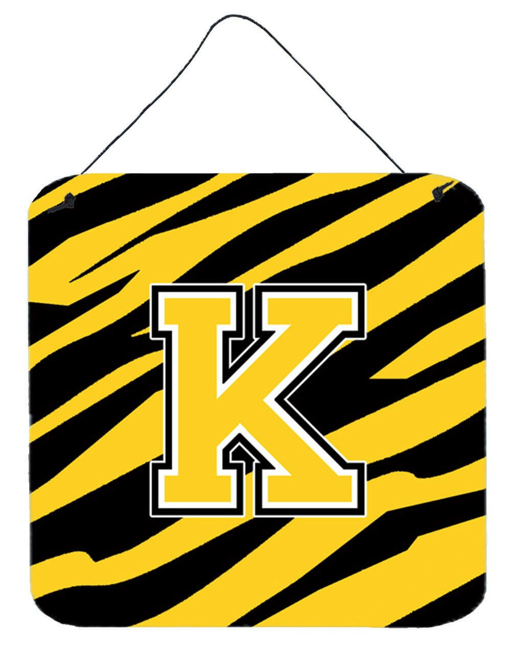 Letter K Initial Tiger Stripe - Black Gold  Wall or Door Hanging Prints by Caroline's Treasures