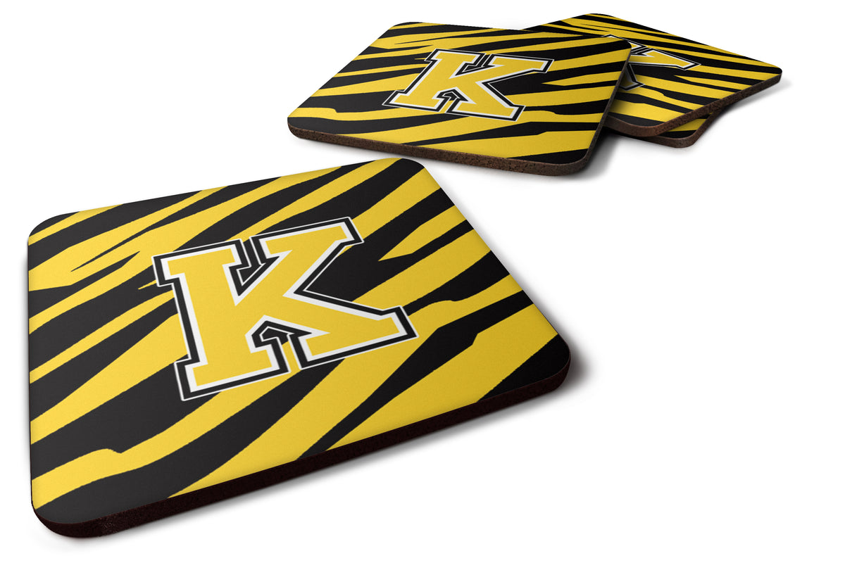 Set of 4 Monogram - Tiger Stripe - Black Gold Foam Coasters Initial Letter K - the-store.com