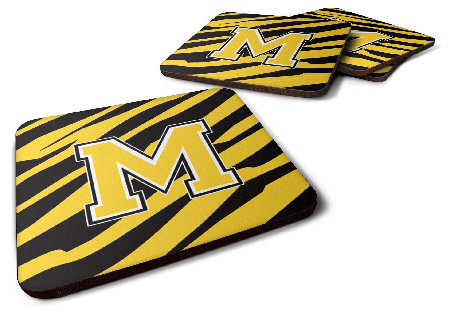 Set of 4 Monogram - Tiger Stripe - Black Gold Foam Coasters Initial Letter M - the-store.com