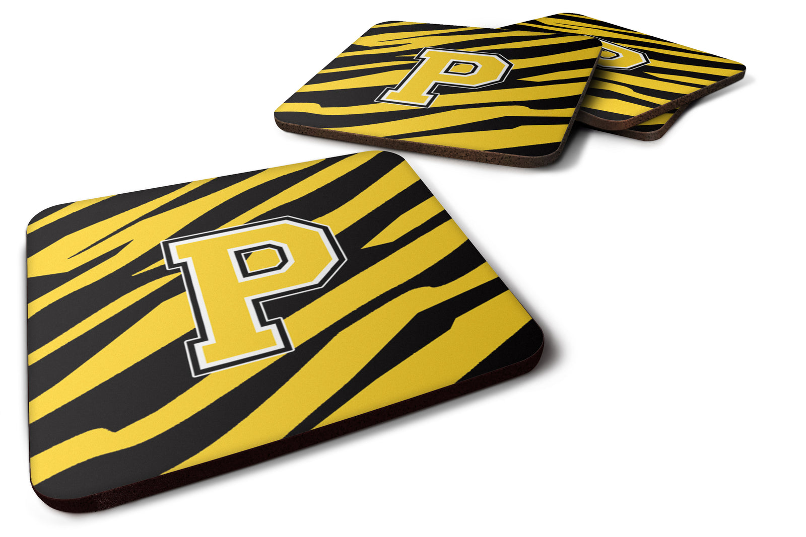 Set of 4 Monogram - Tiger Stripe - Black Gold Foam Coasters Initial Letter P - the-store.com