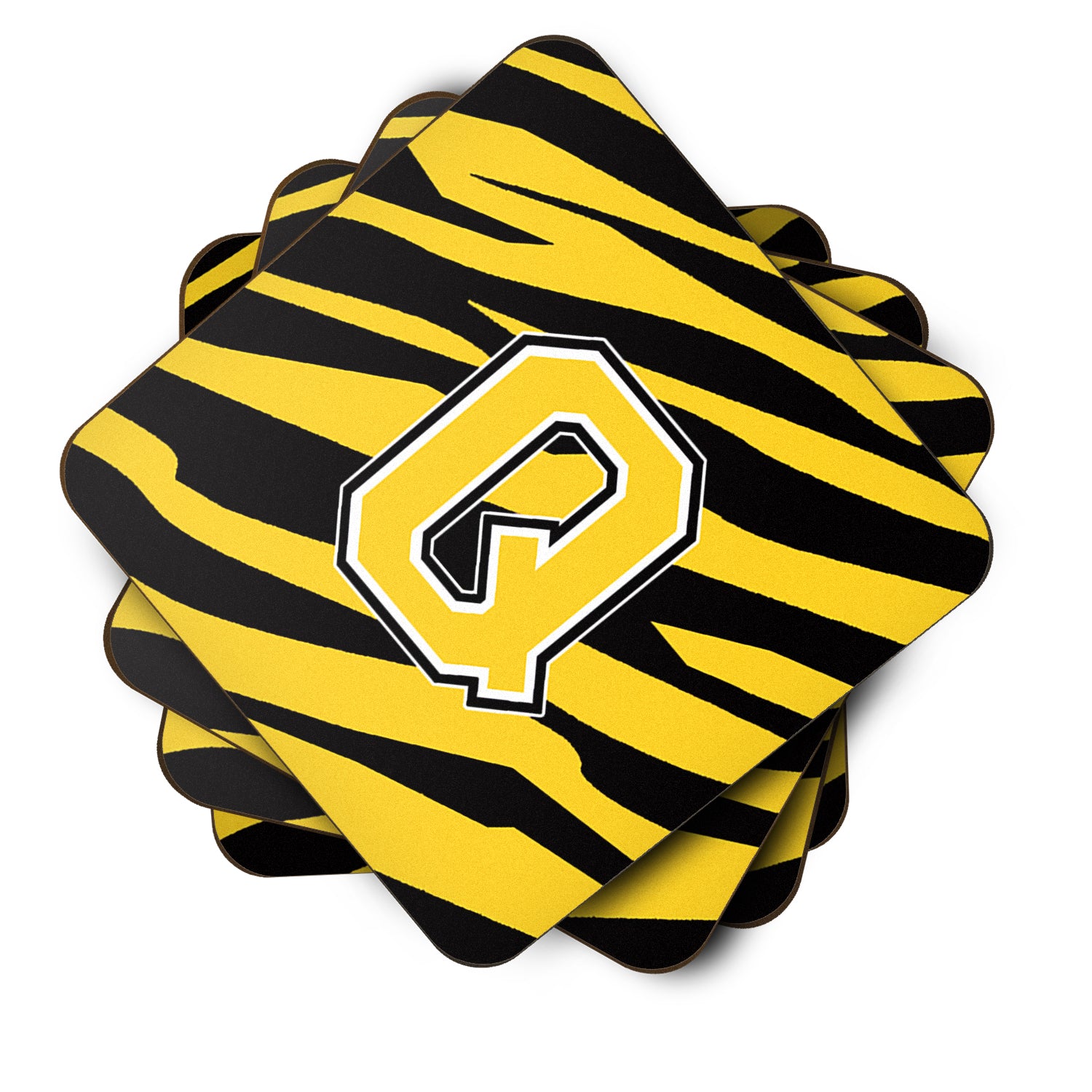 Set of 4 Monogram - Tiger Stripe - Black Gold Foam Coasters Initial Letter Q - the-store.com