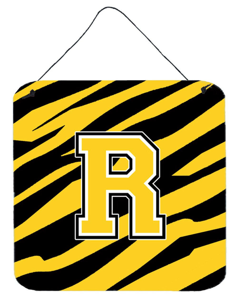 Letter R Initial Tiger Stripe - Black Gold  Wall or Door Hanging Prints by Caroline's Treasures