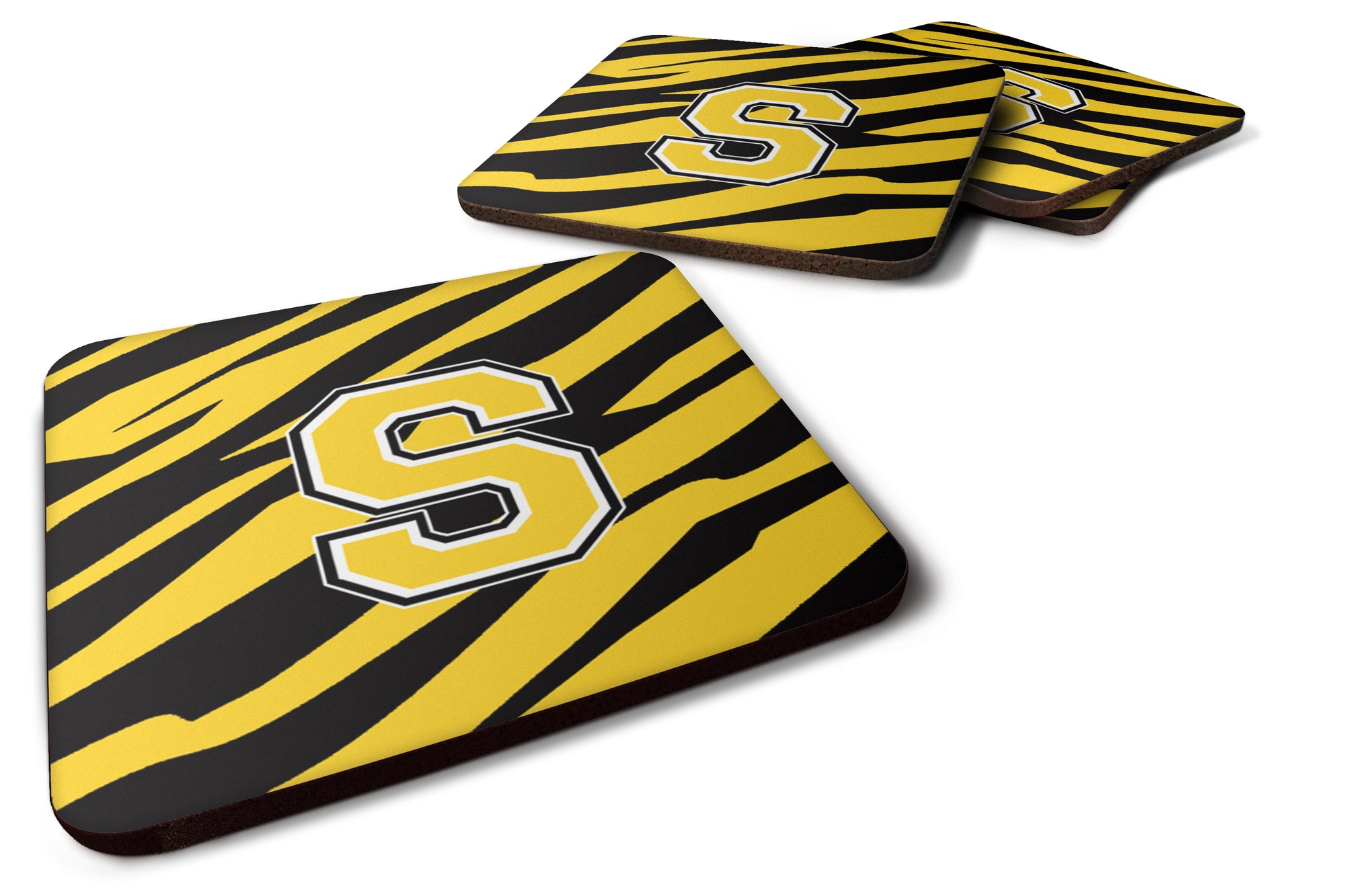 Set of 4 Monogram - Tiger Stripe - Black Gold Foam Coasters Initial Letter S - the-store.com