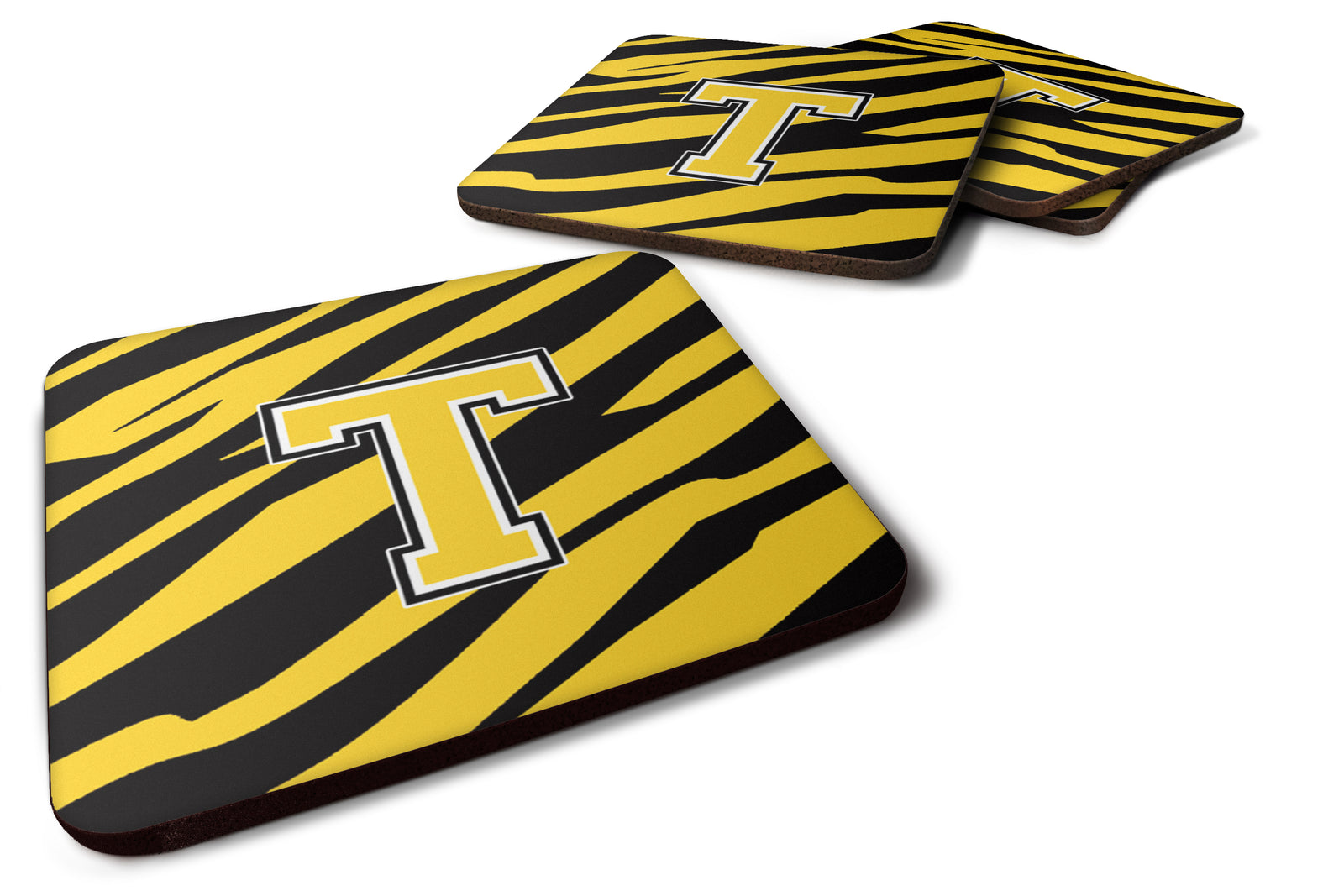 Set of 4 Monogram - Tiger Stripe - Black Gold Foam Coasters Initial Letter T - the-store.com