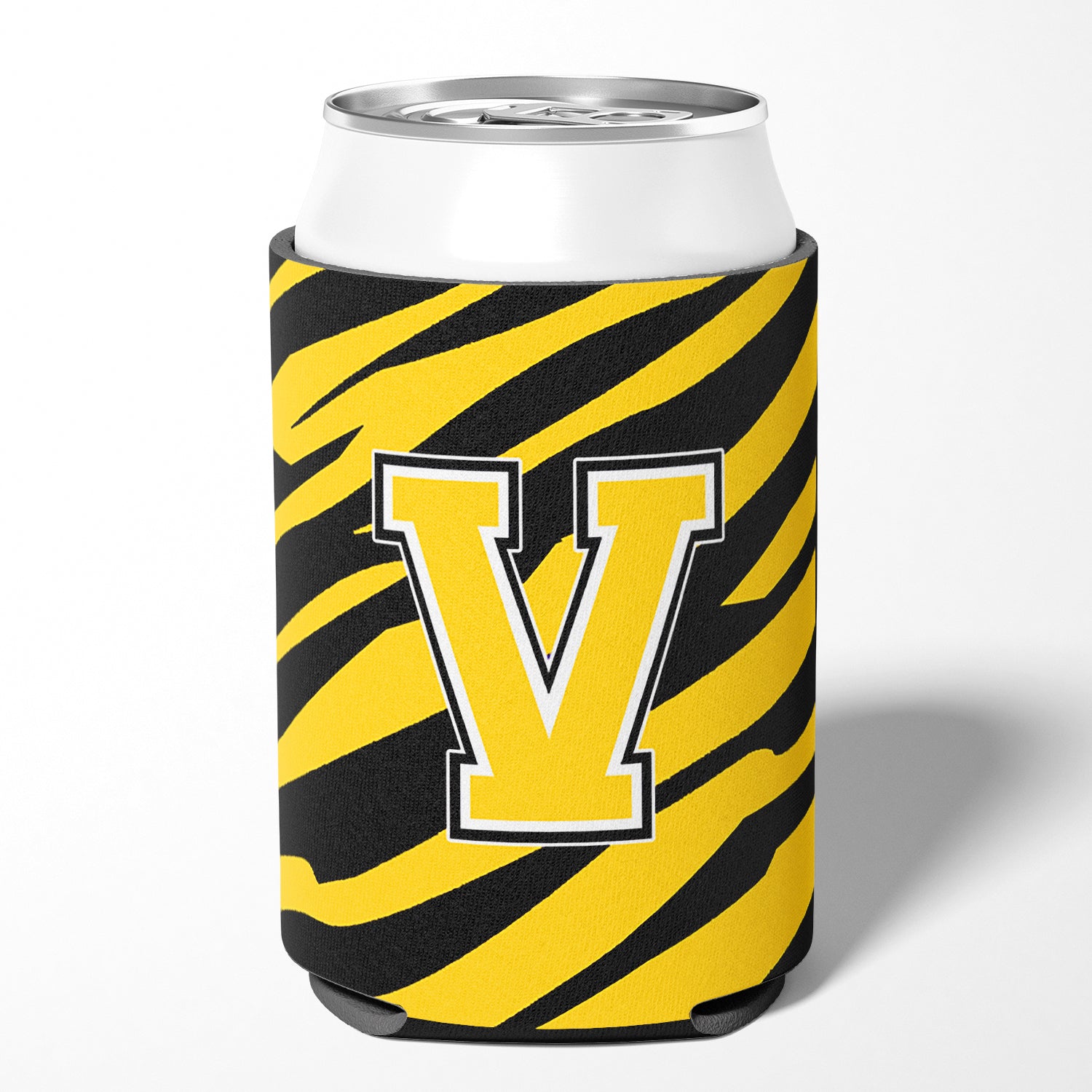 Letter V Initial Monogram - Tiger Stripe - Black Gold Can Beverage Insulator Hugger.