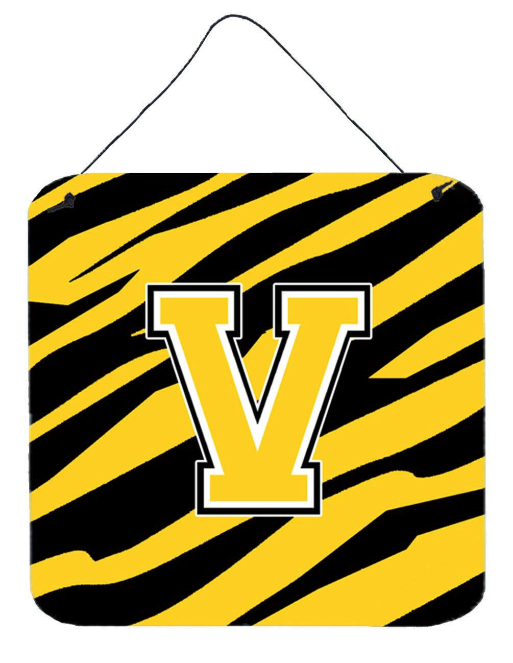 Letter V Initial Tiger Stripe - Black Gold  Wall or Door Hanging Prints by Caroline's Treasures