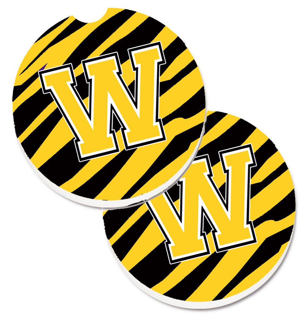 Monogram Initial W Tiger Stripe - Black Gold Set of 2 Cup Holder Car Coasters CJ1026-WCARC by Caroline's Treasures