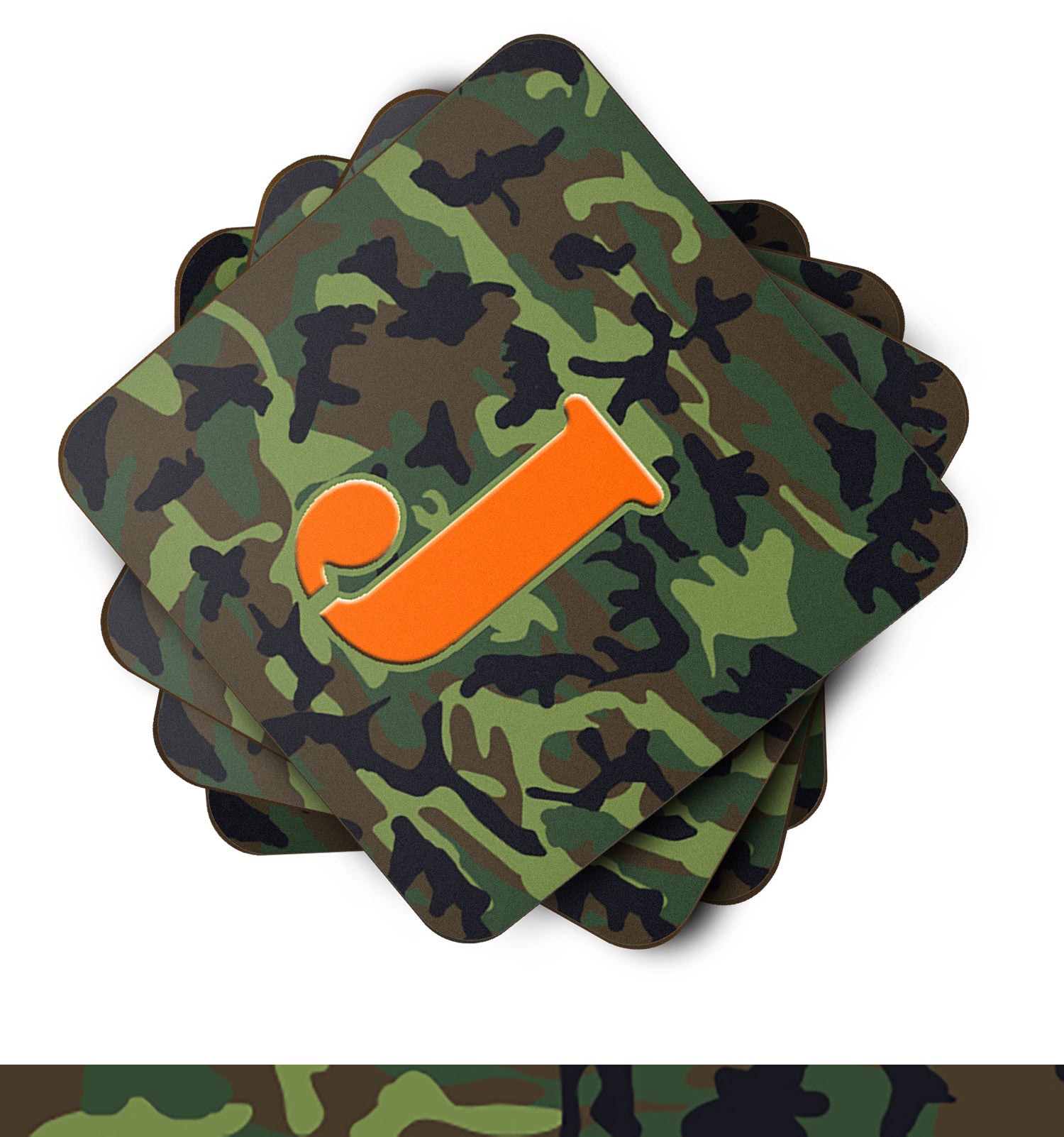 Set of 4 Monogram - Camo Green Foam Coasters Initial Letter J - the-store.com