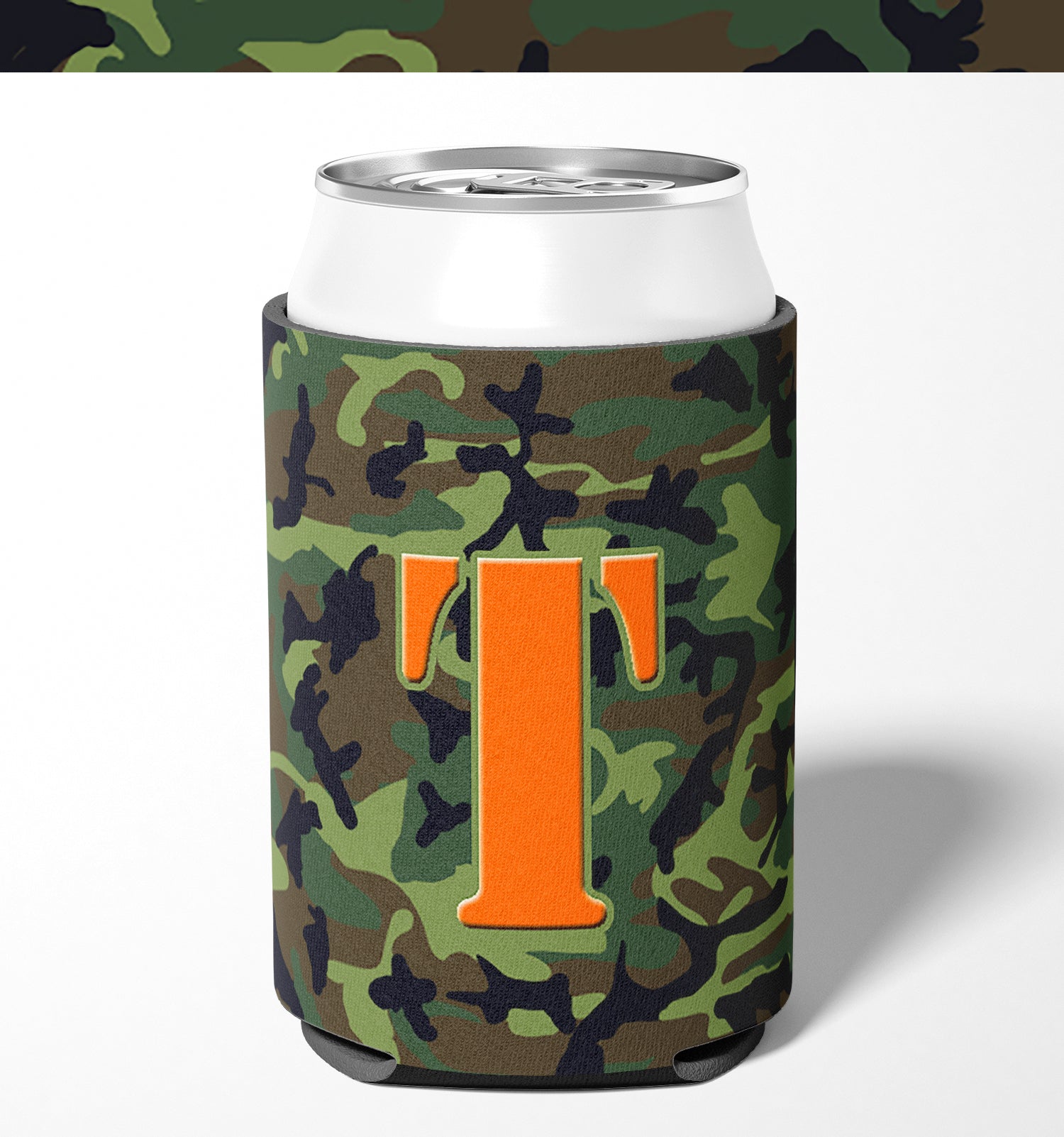 Letter T Initial Monogram - Camo Green Can or Bottle Beverage Insulator Hugger.