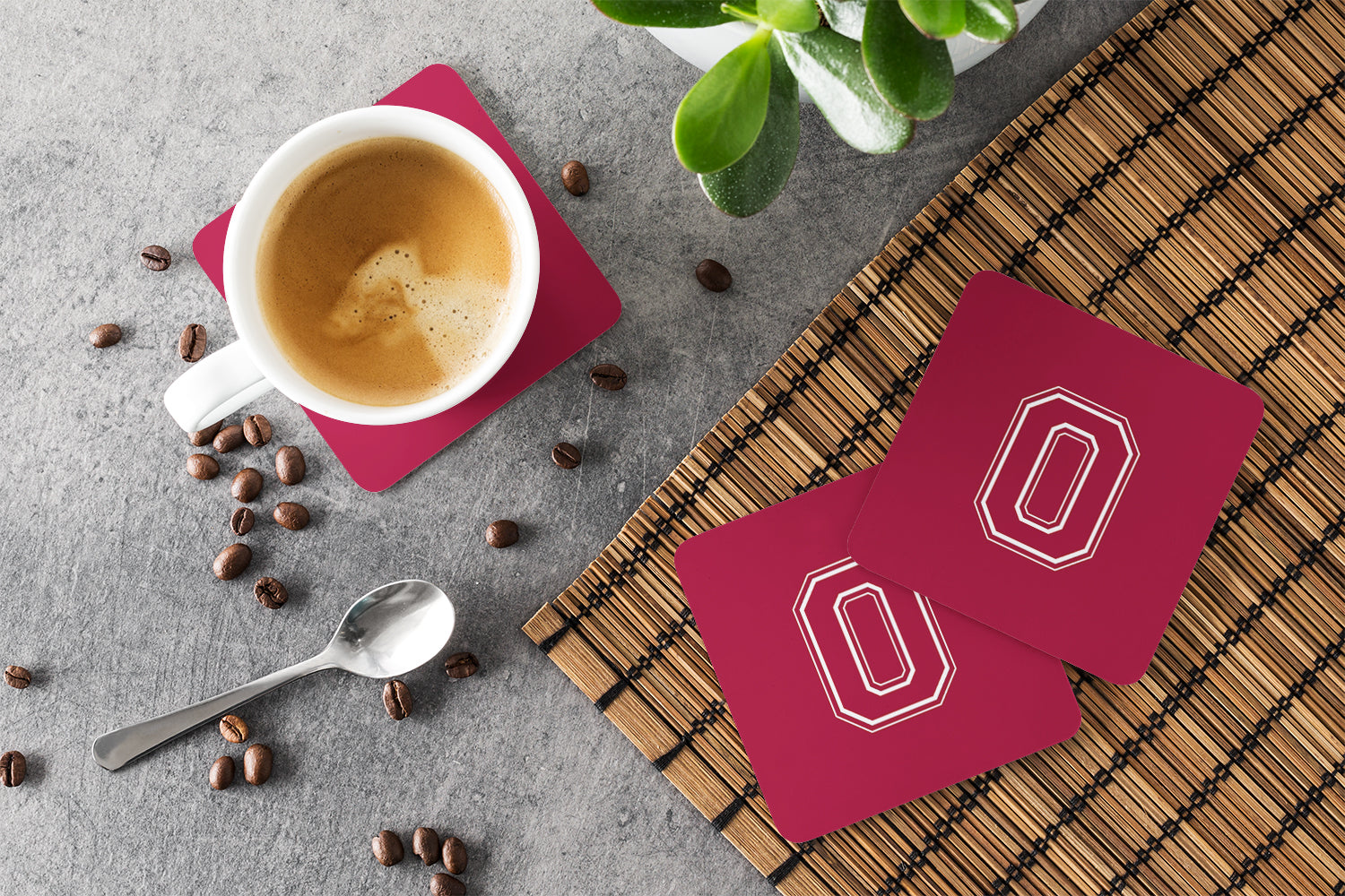 Set of 4 Monogram - Maroon and White Foam Coasters Initial Letter O - the-store.com