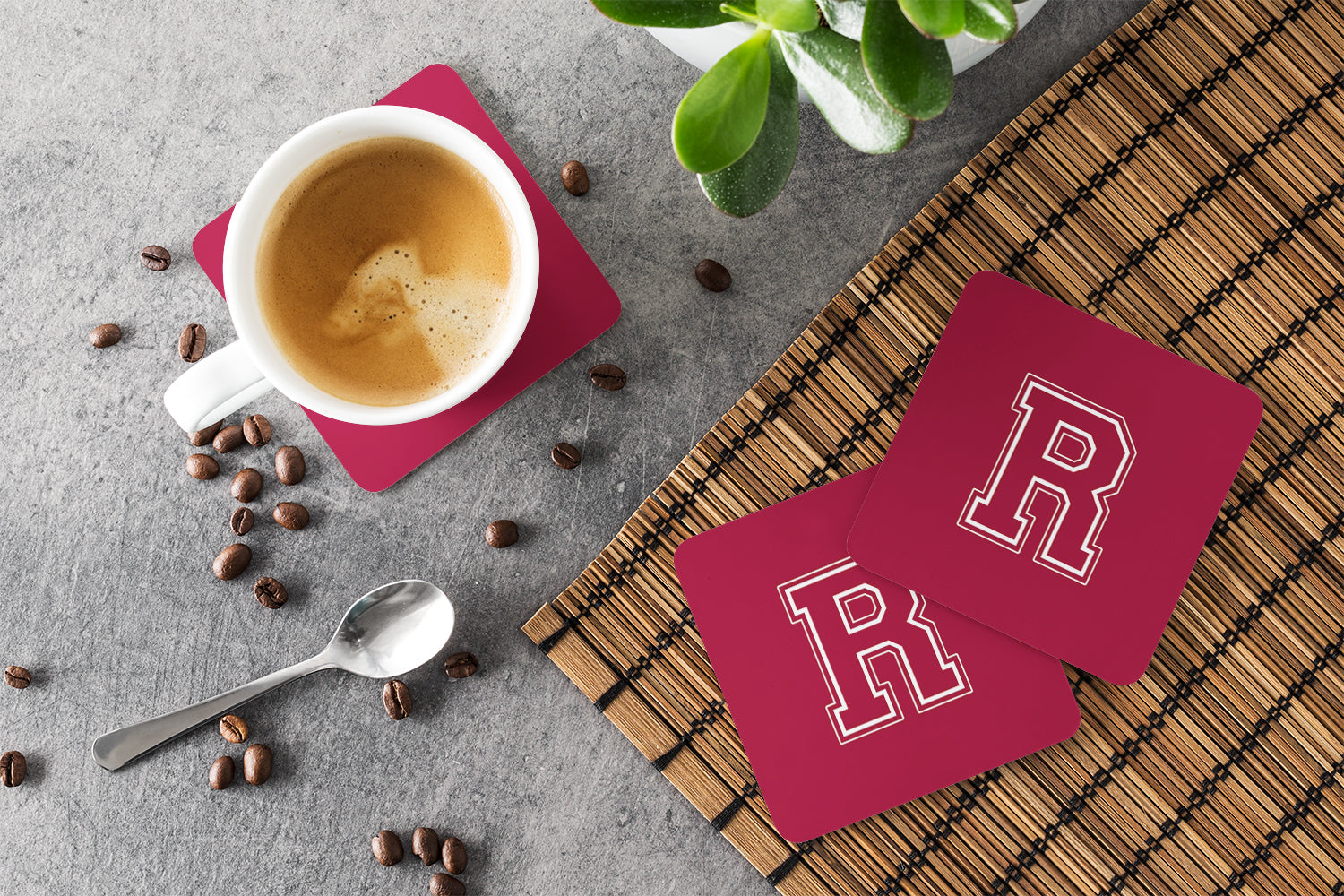 Set of 4 Monogram - Maroon and White Foam Coasters Initial Letter R - the-store.com