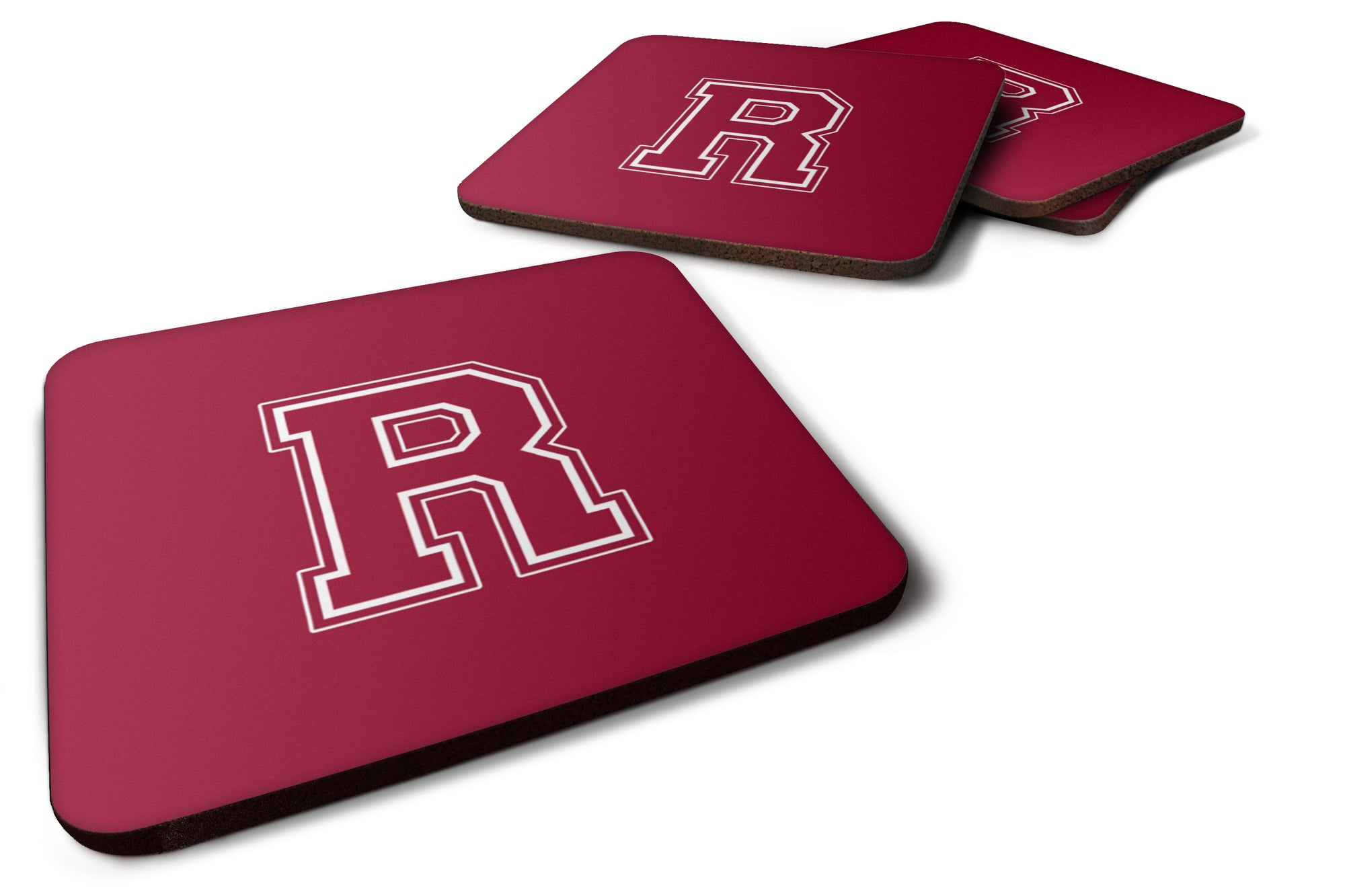 Set of 4 Monogram - Maroon and White Foam Coasters Initial Letter R - the-store.com