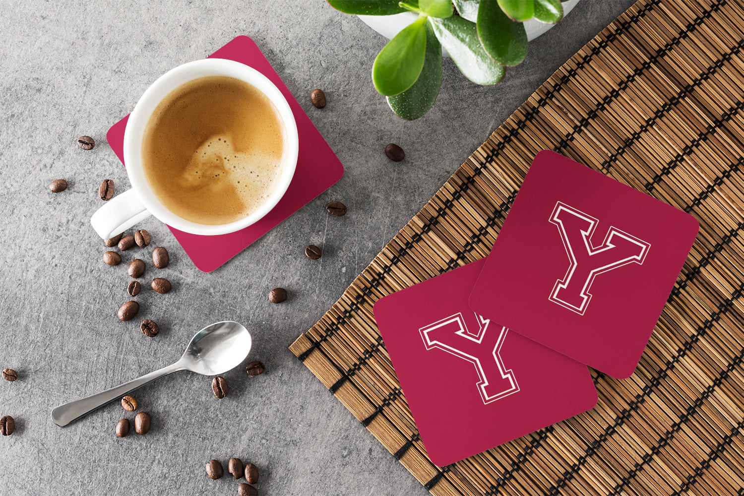 Set of 4 Monogram - Maroon and White Foam Coasters Initial Letter Y - the-store.com