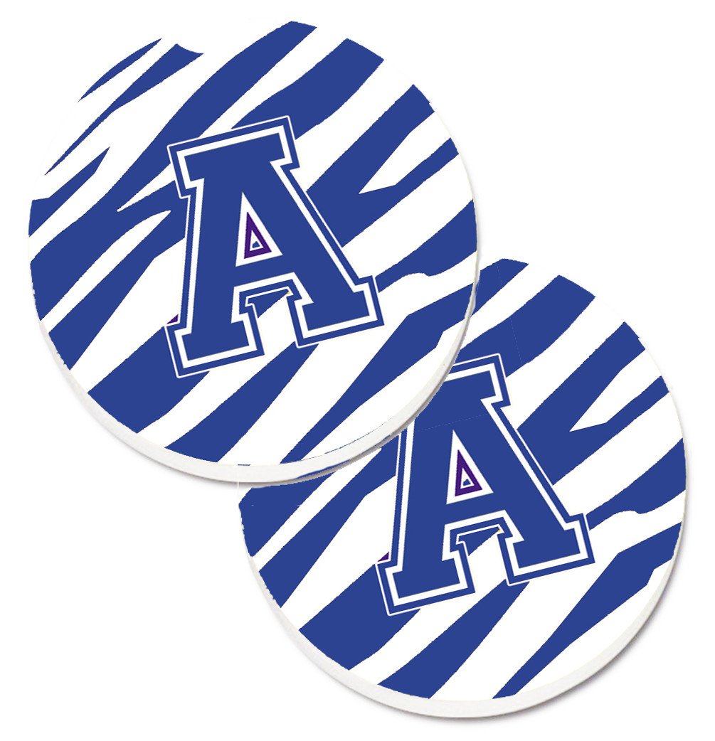 Letter A Monogram - Blue White Tiger Stripe Set of 2 Cup Holder Car Coasters CJ1034-ACARC by Caroline&#39;s Treasures