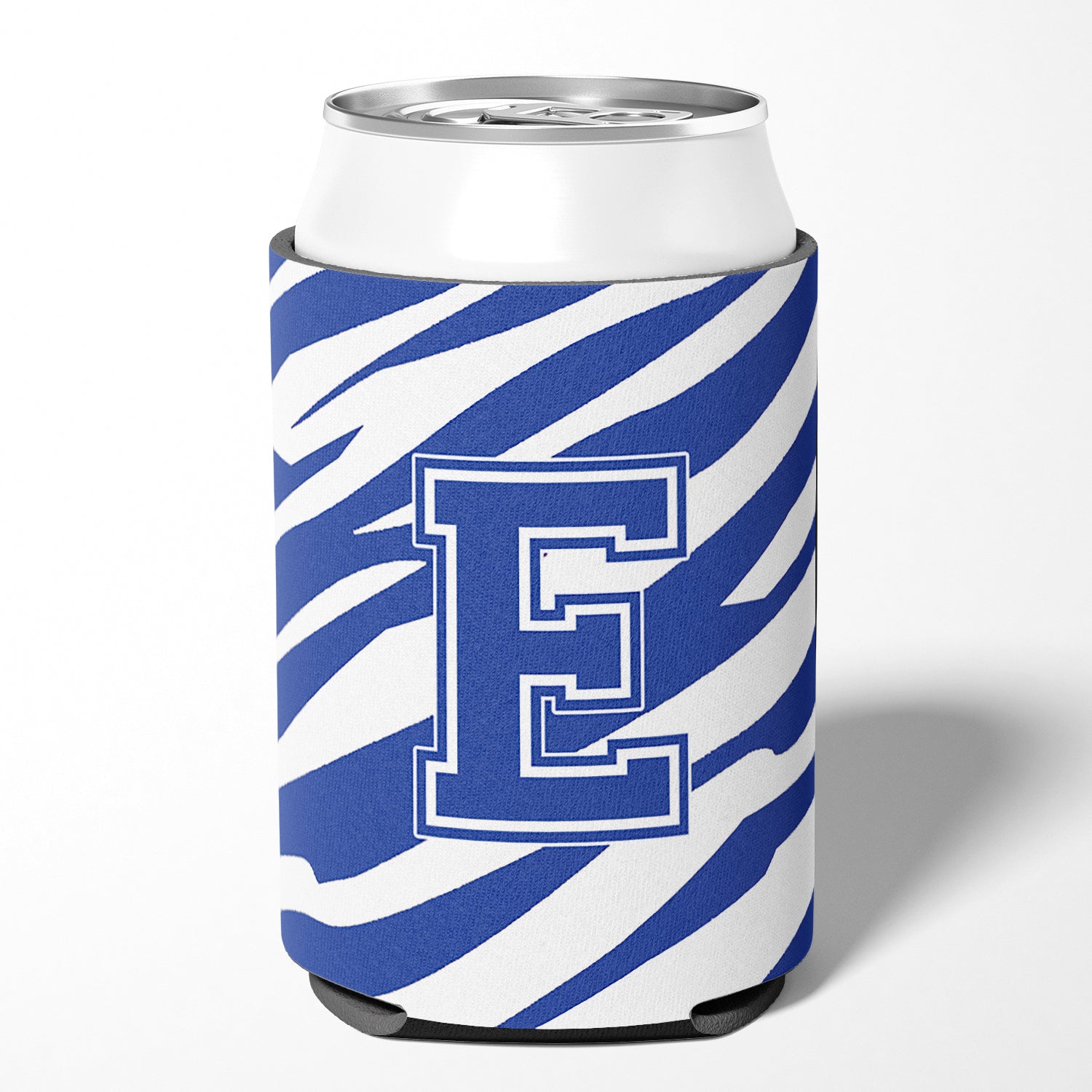 Letter E Initial Monogram - Tiger Stripe Blue and White Can Beverage Insulator Hugger.