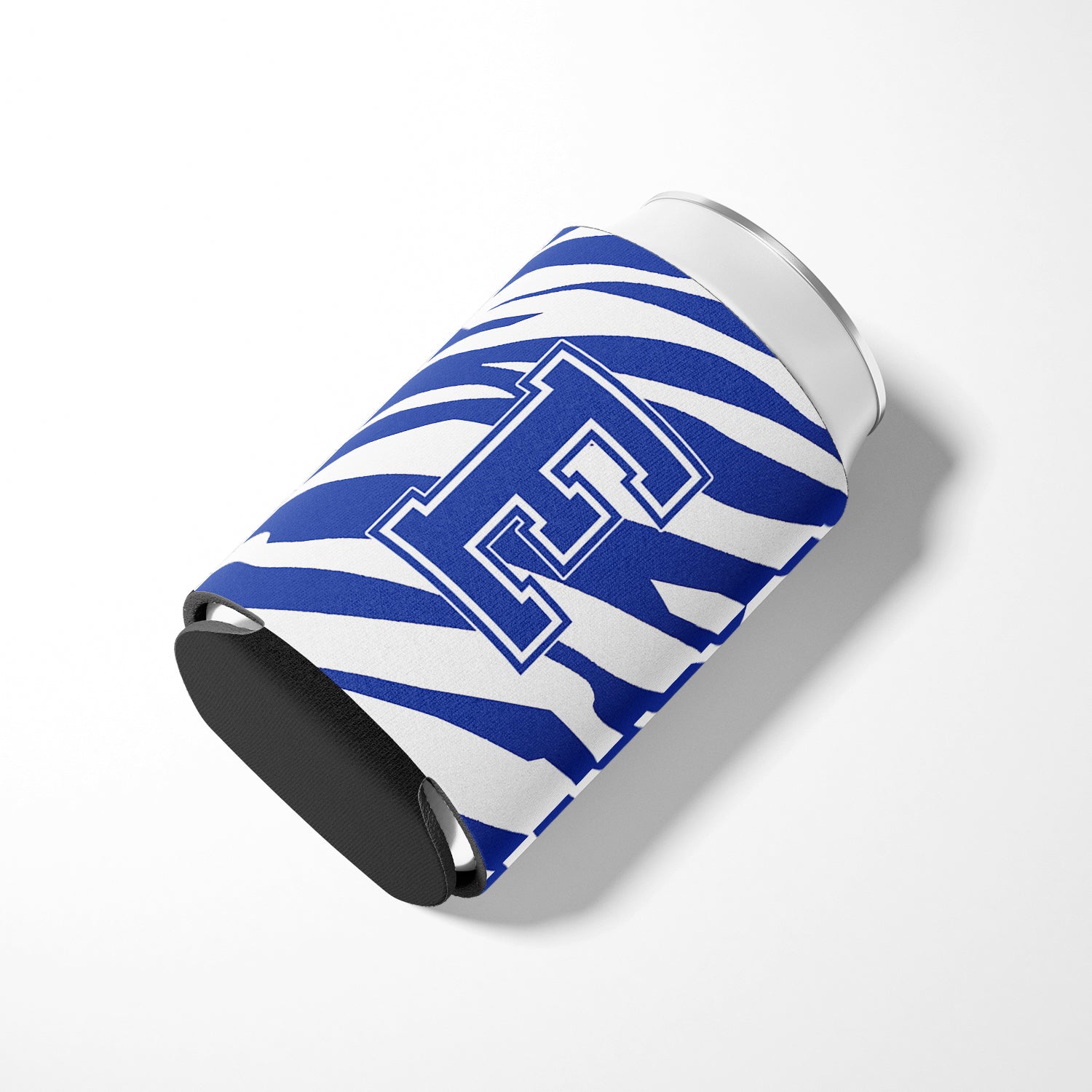 Letter E Initial Monogram - Tiger Stripe Blue and White Can Beverage Insulator Hugger.