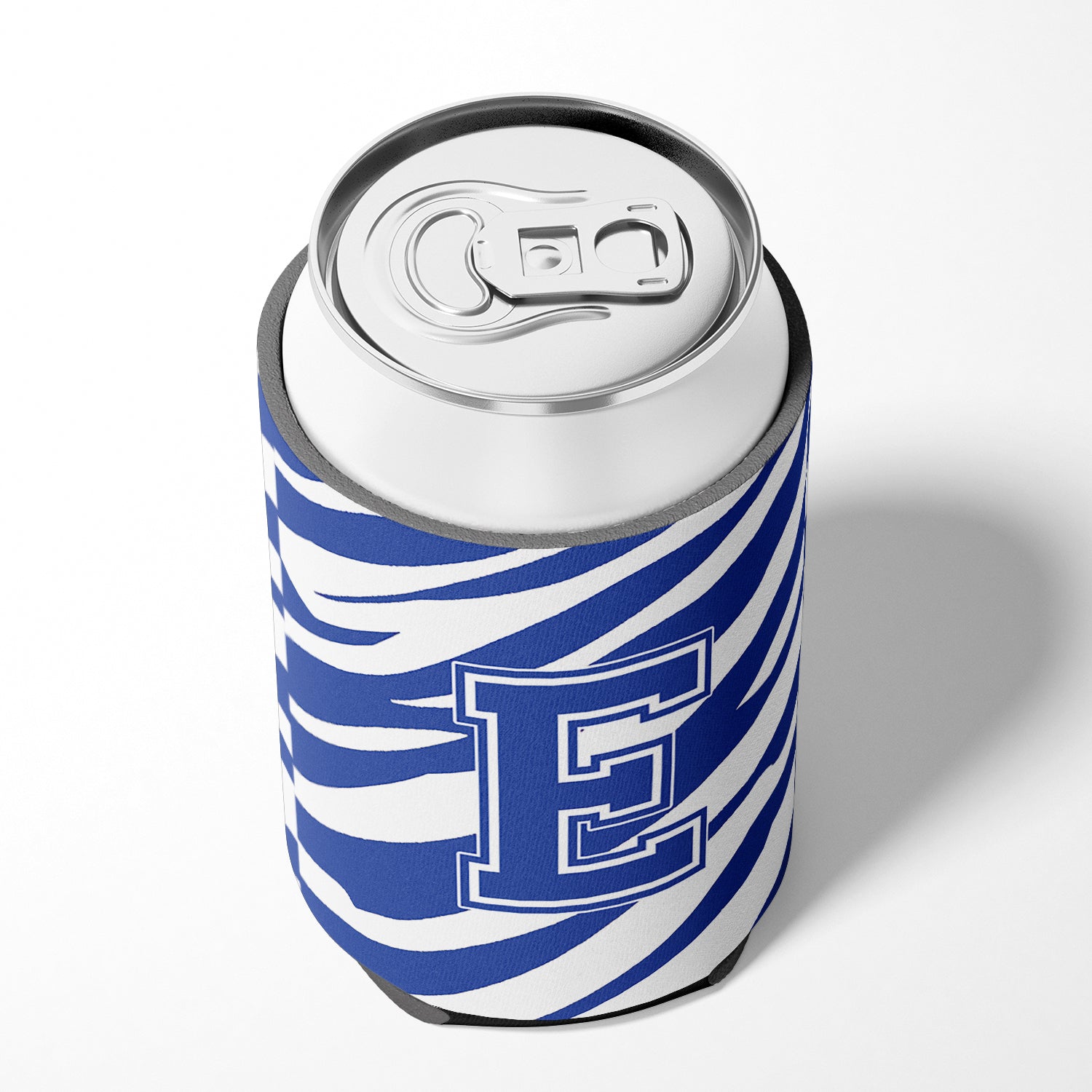 Letter E Initial Monogram - Tiger Stripe Blue and White Can Beverage Insulator Hugger.