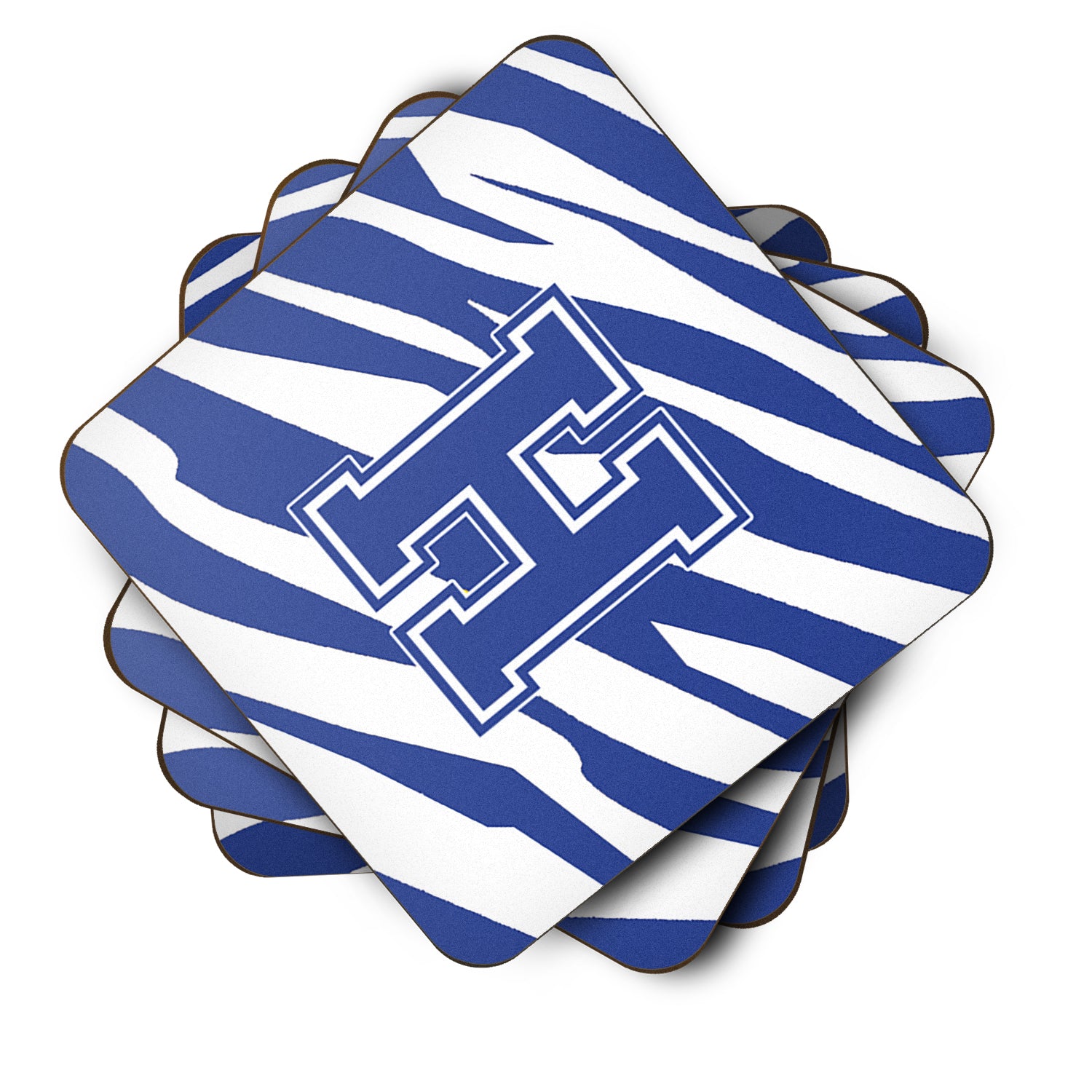 Set of 4 Monogram - Tiger Stripe Blue and White Foam Coasters Initial Letter H - the-store.com