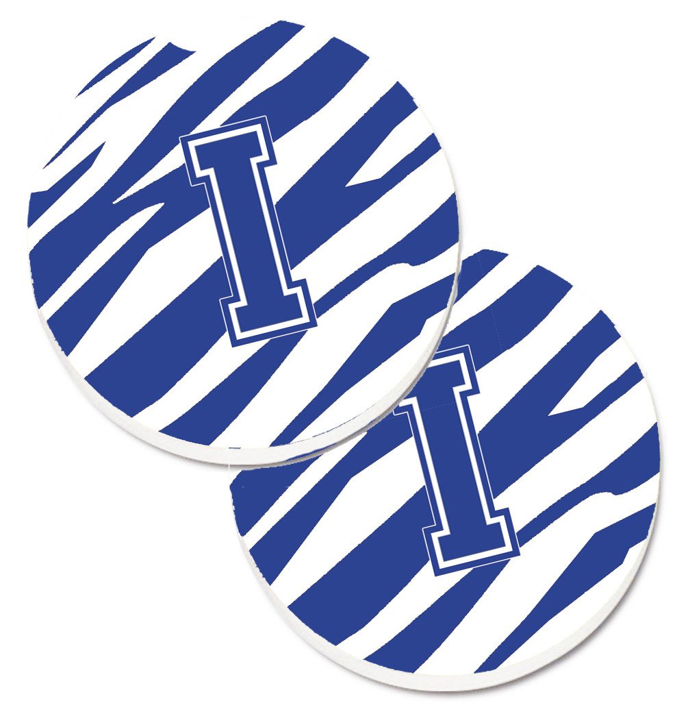 Monogram Initial I Tiger Stripe Blue and White Set of 2 Cup Holder Car Coasters CJ1034-ICARC by Caroline&#39;s Treasures