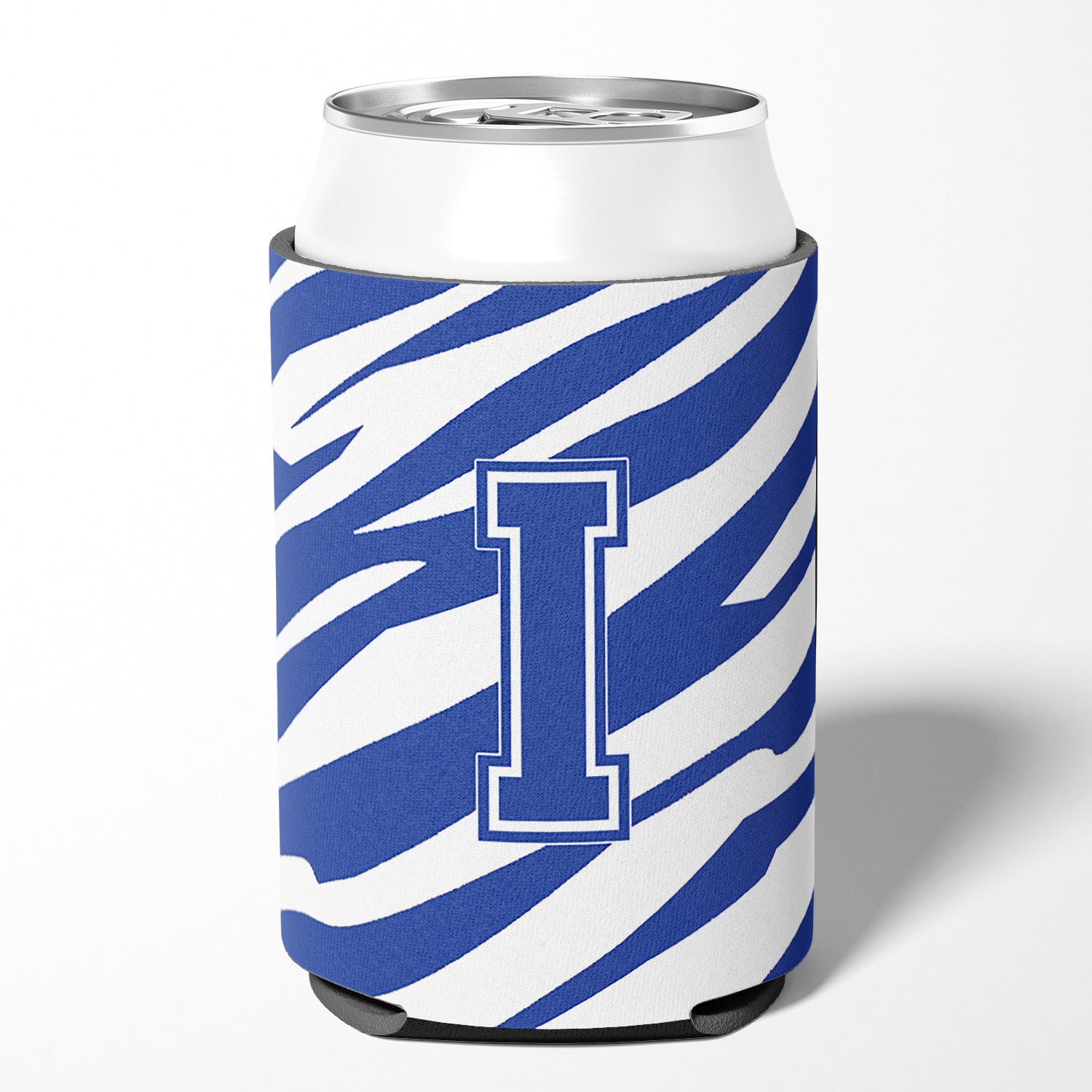 Letter I Initial Monogram - Tiger Stripe Blue and White Can Beverage Insulator Hugger.