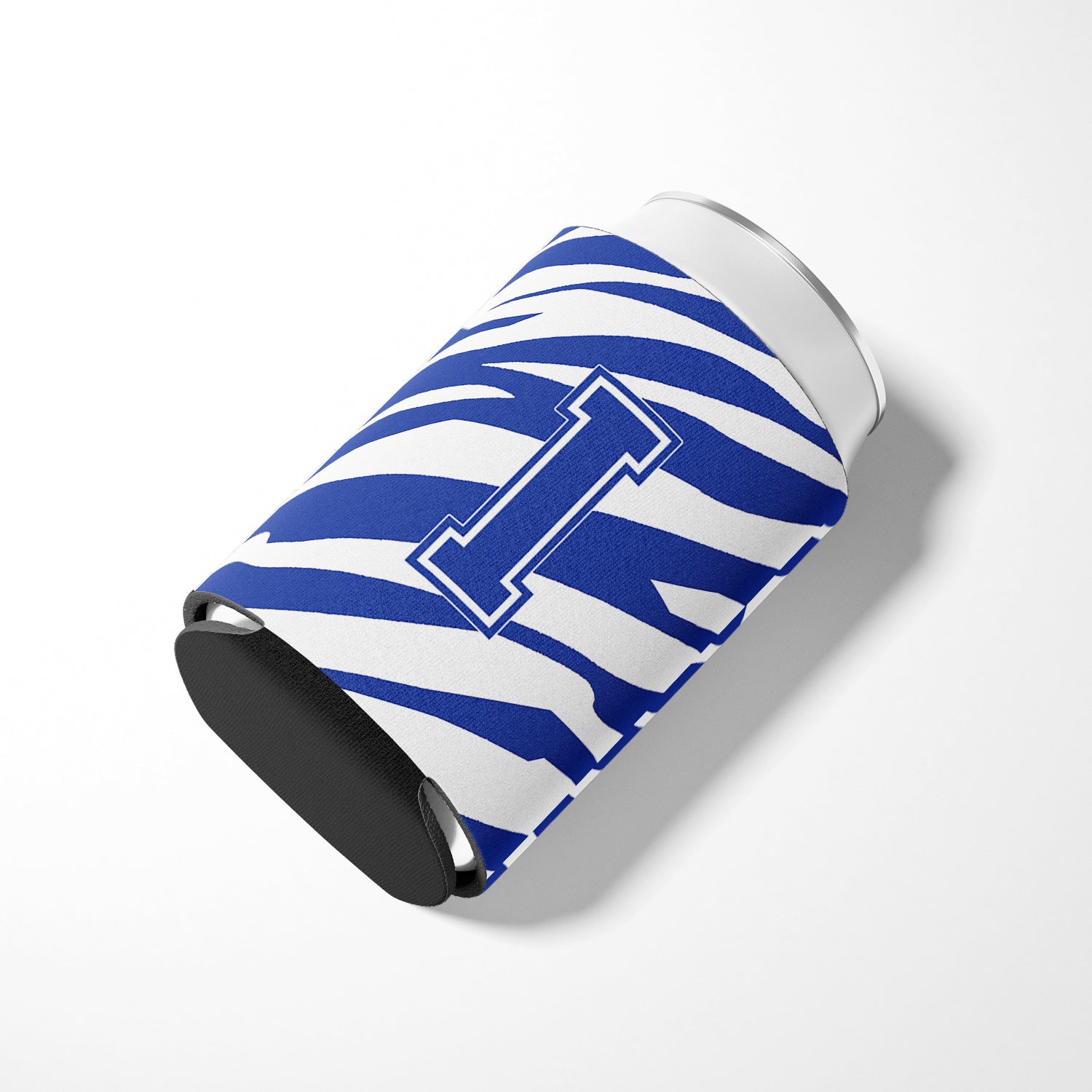 Letter I Initial Monogram - Tiger Stripe Blue and White Can Beverage Insulator Hugger.