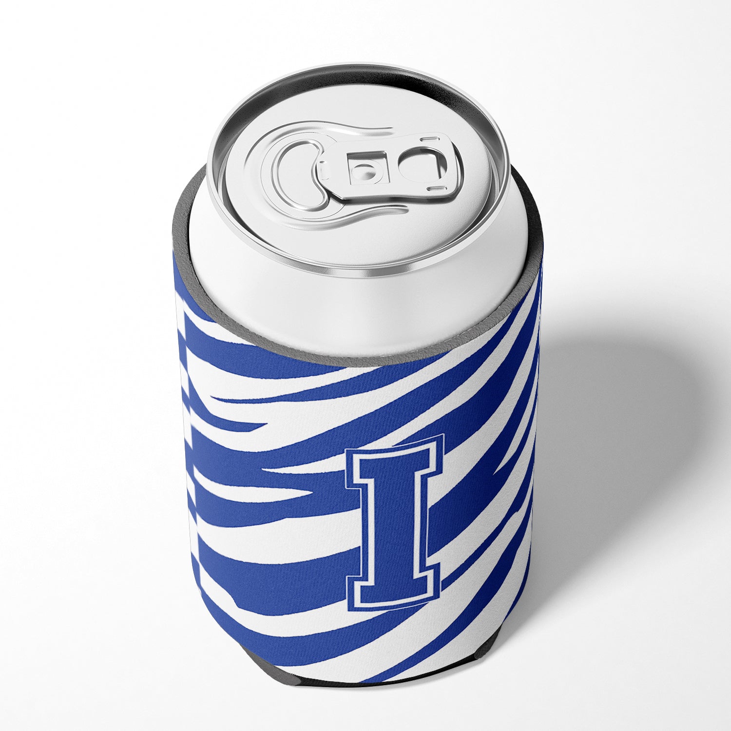 Letter I Initial Monogram - Tiger Stripe Blue and White Can Beverage Insulator Hugger.