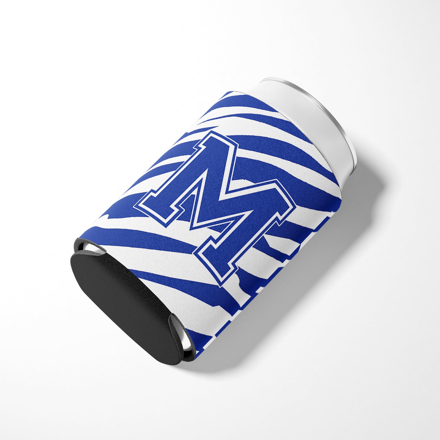 Letter M Initial Monogram - Tiger Stripe Blue and White Can Beverage Insulator Hugger.