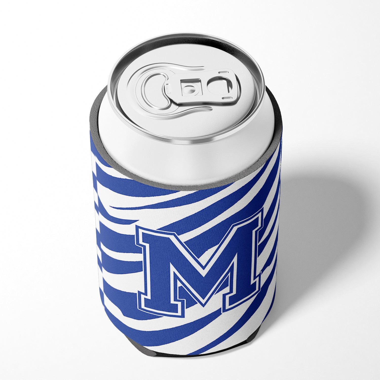 Letter M Initial Monogram - Tiger Stripe Blue and White Can Beverage Insulator Hugger.