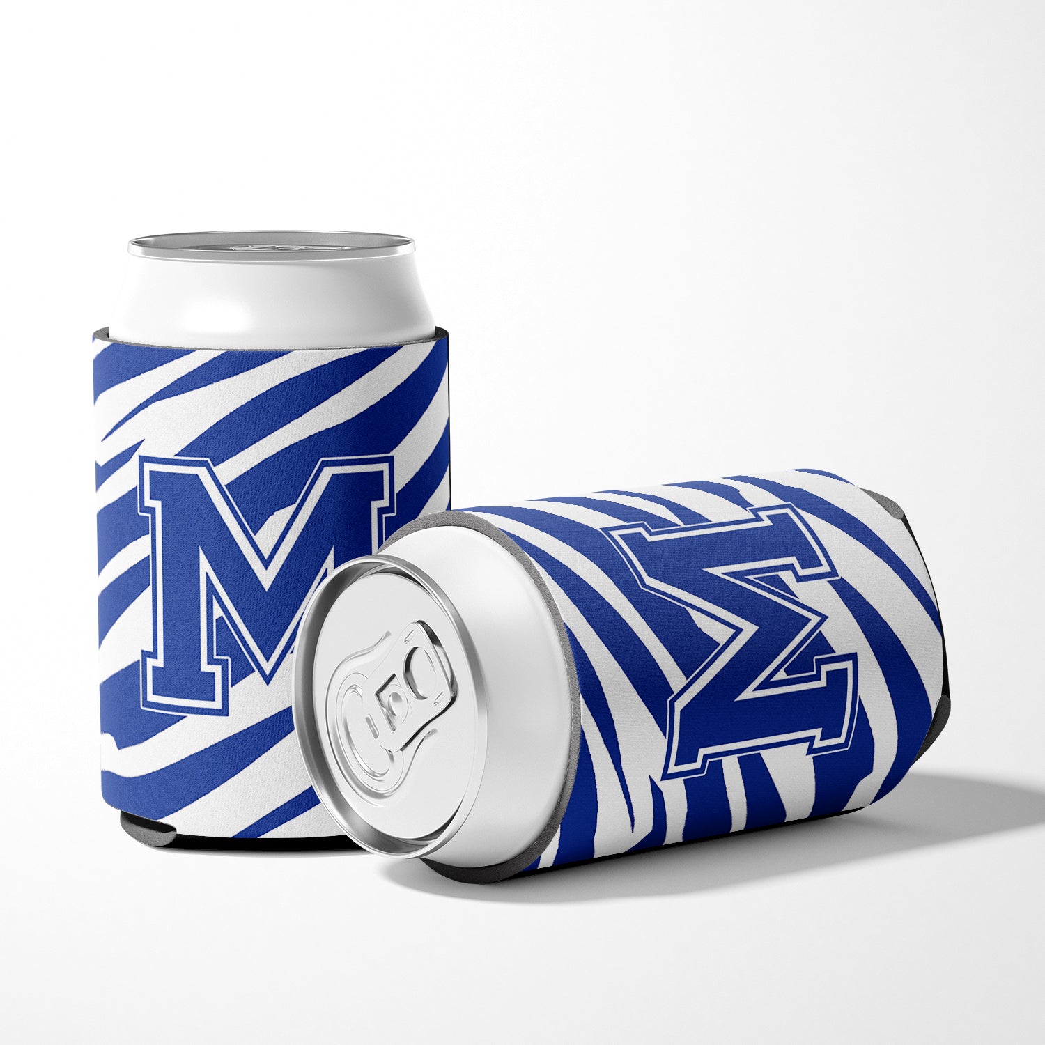 Letter M Initial Monogram - Tiger Stripe Blue and White Can Beverage Insulator Hugger.