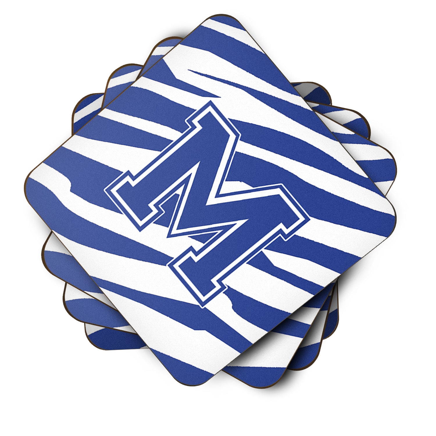 Set of 4 Monogram - Tiger Stripe Blue and White Foam Coasters Initial Letter M - the-store.com