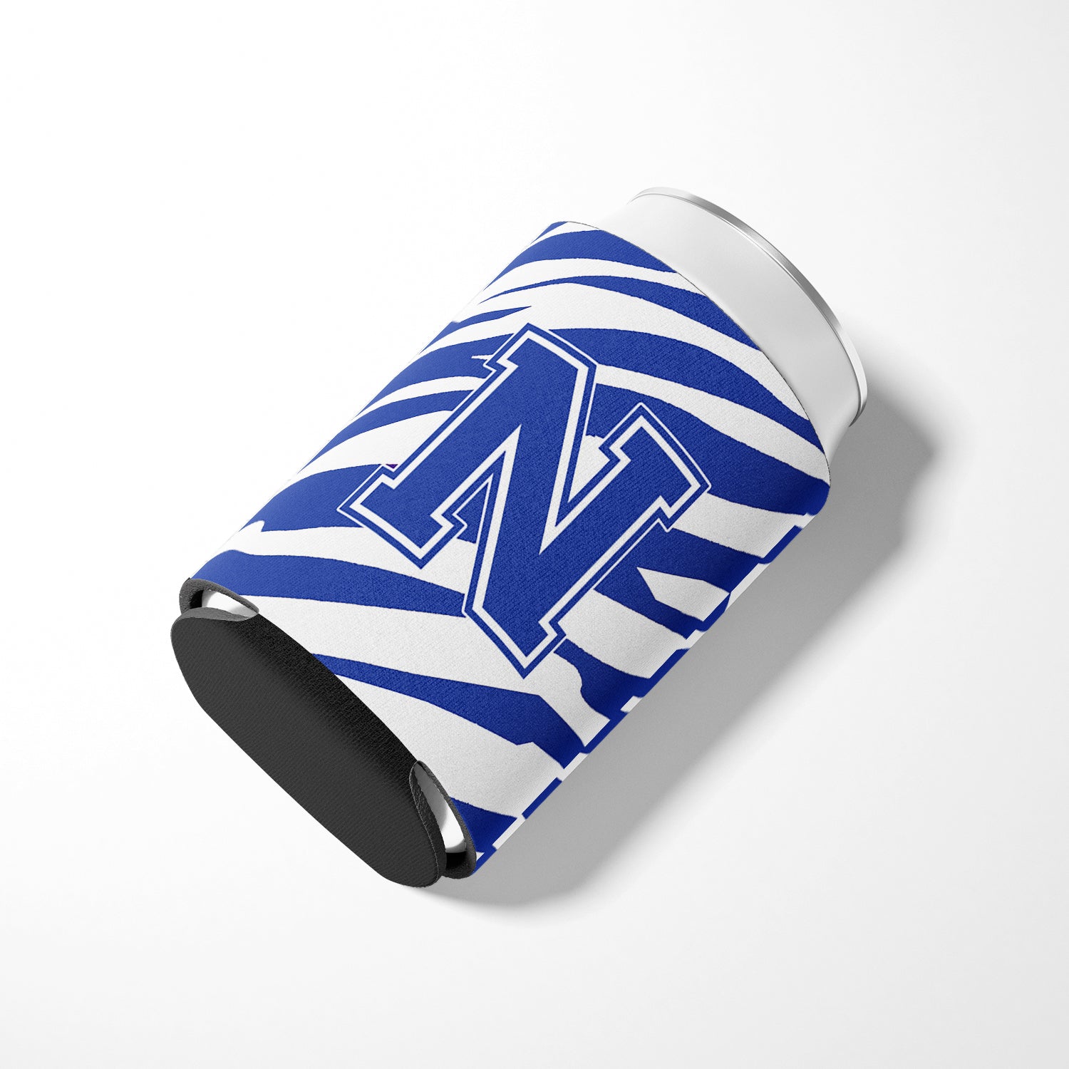 Letter N Initial Monogram - Tiger Stripe Blue and White Can Beverage Insulator Hugger.