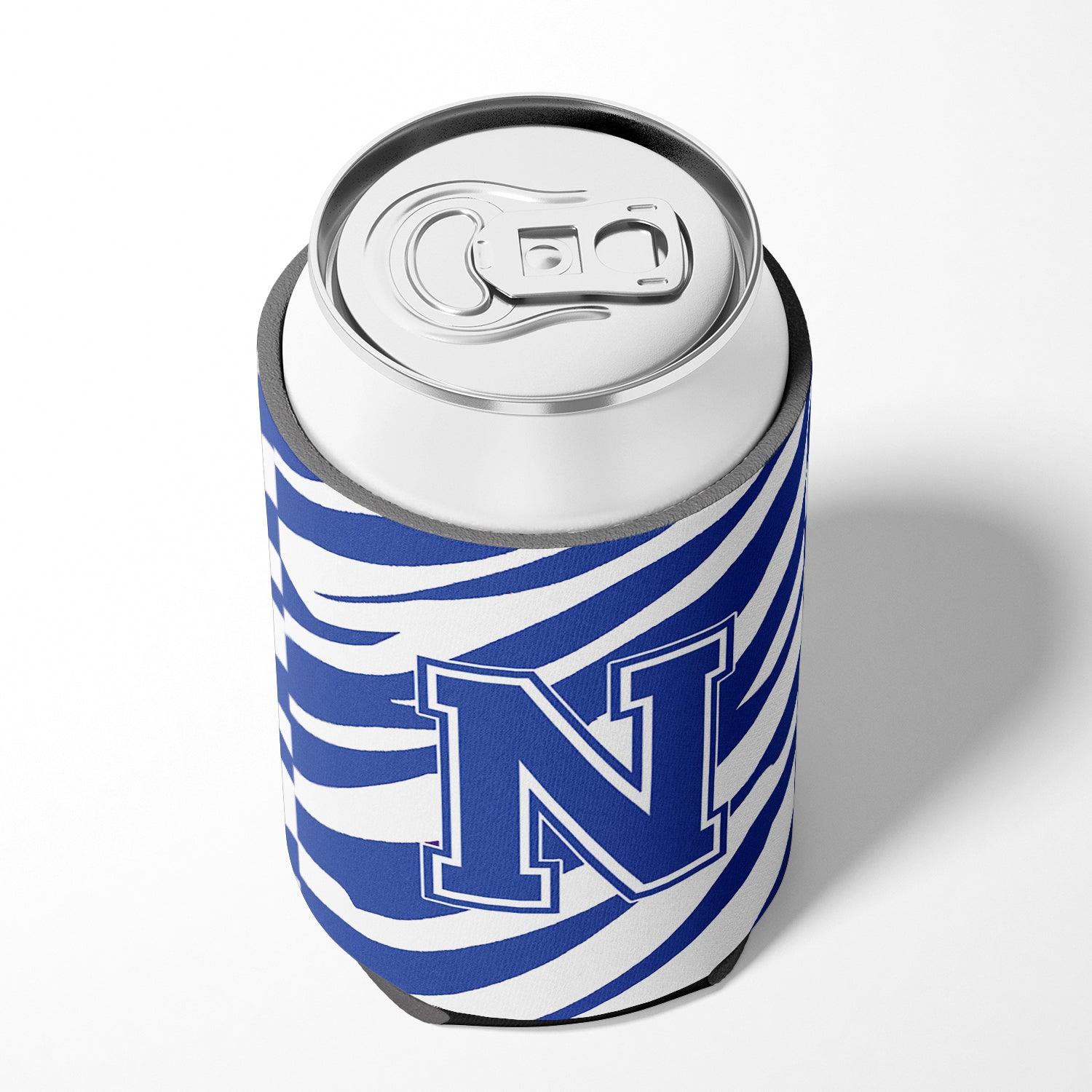 Letter N Initial Monogram - Tiger Stripe Blue and White Can Beverage Insulator Hugger.