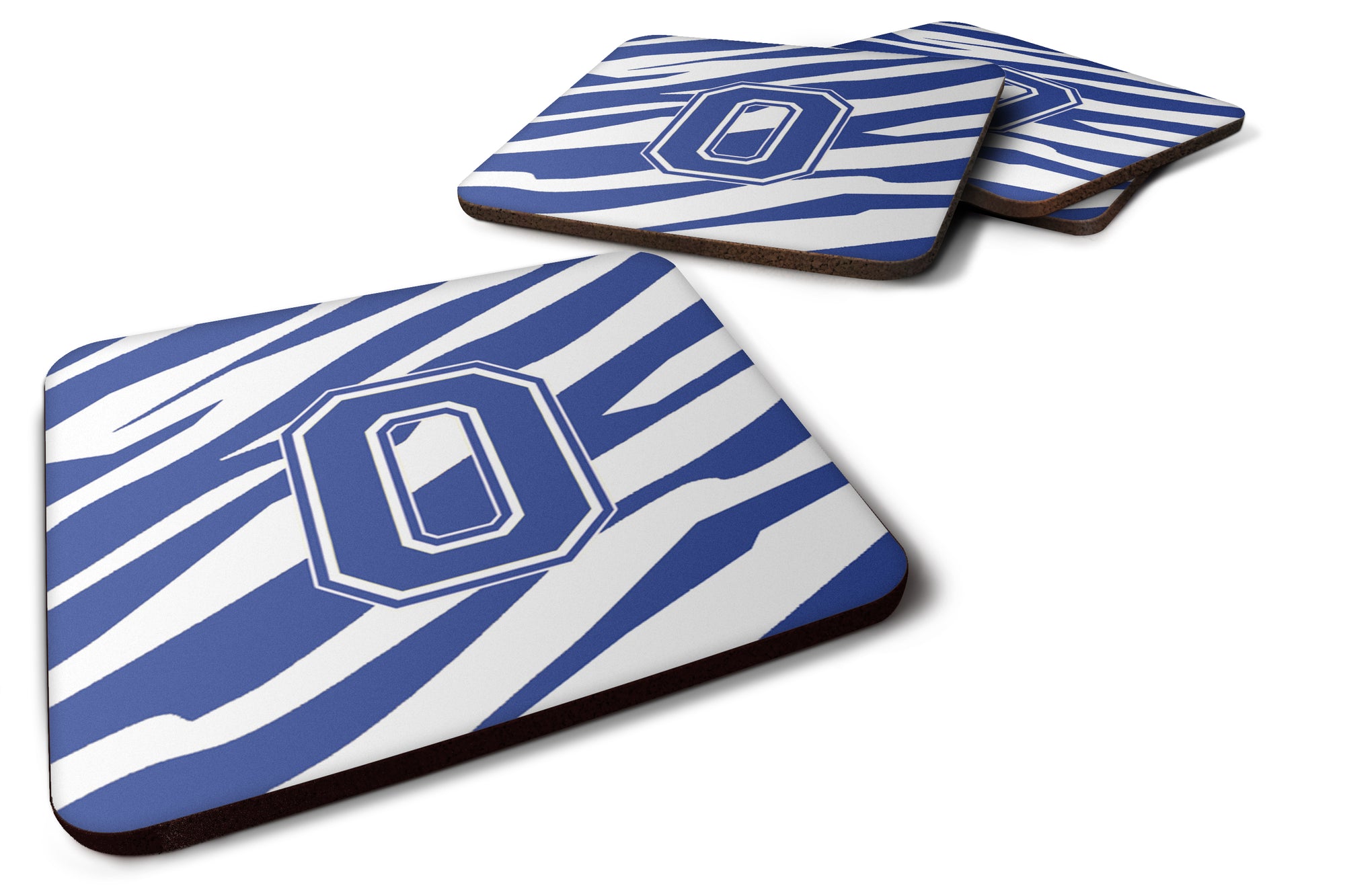 Set of 4 Monogram - Tiger Stripe Blue and White Foam Coasters Initial Letter O - the-store.com