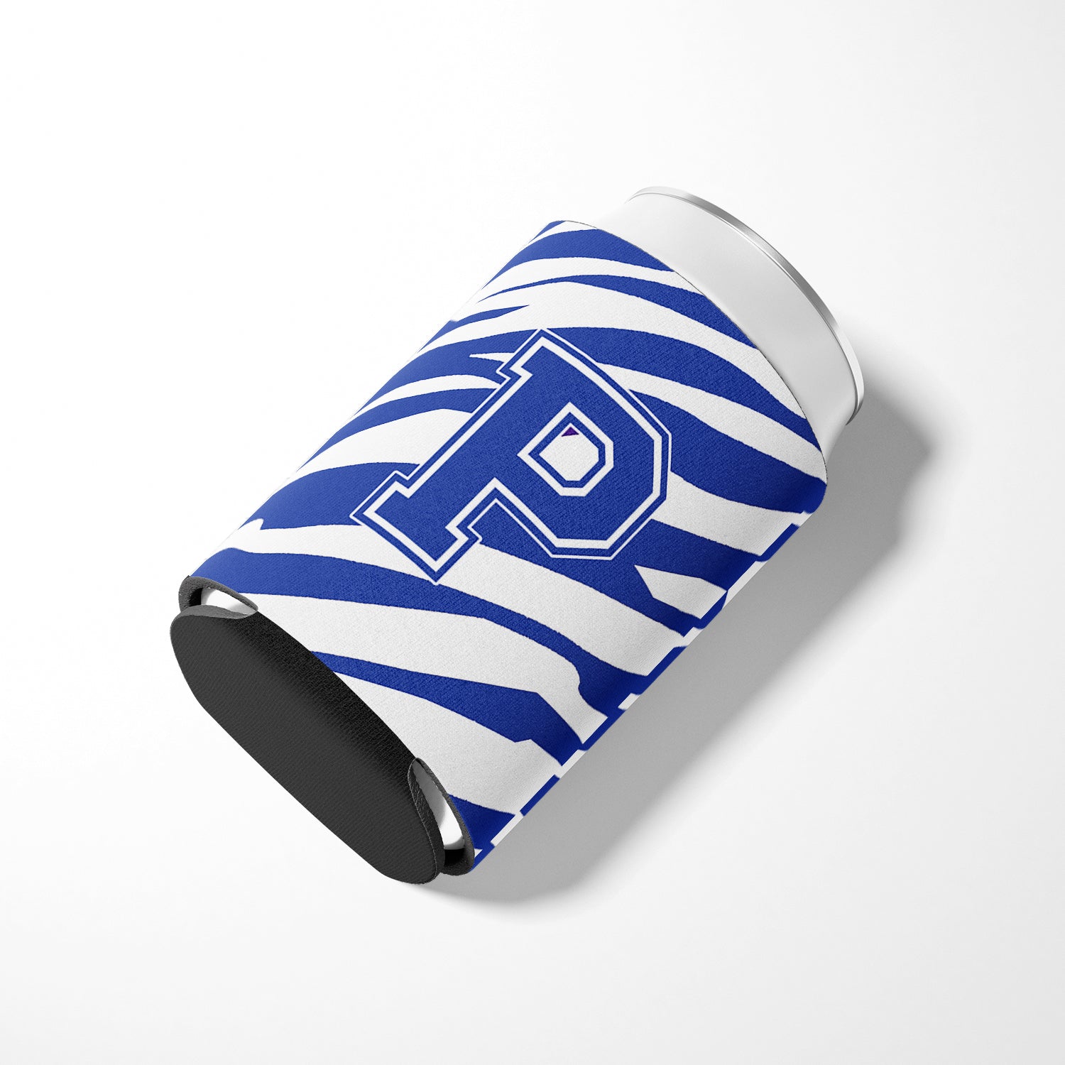 Letter P Initial Monogram - Tiger Stripe Blue and White Can Beverage Insulator Hugger.